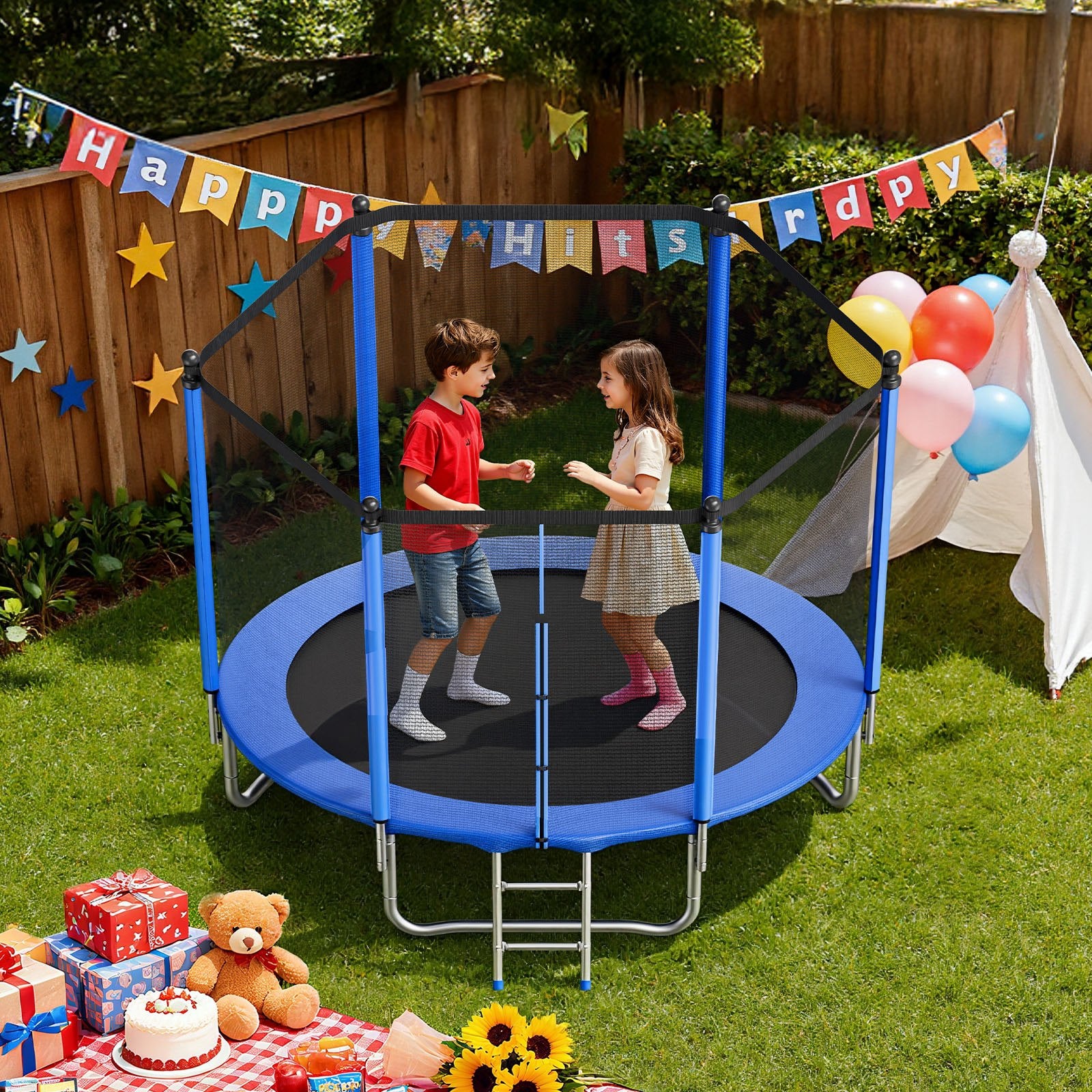 8FT Round Recreational Trampoline with Safety Enclosure Net, Heavy Duty ASTM Approved, Anti-Rust for Kids & Adults, 265 lbs Capacity, Perfect Backyard Fun