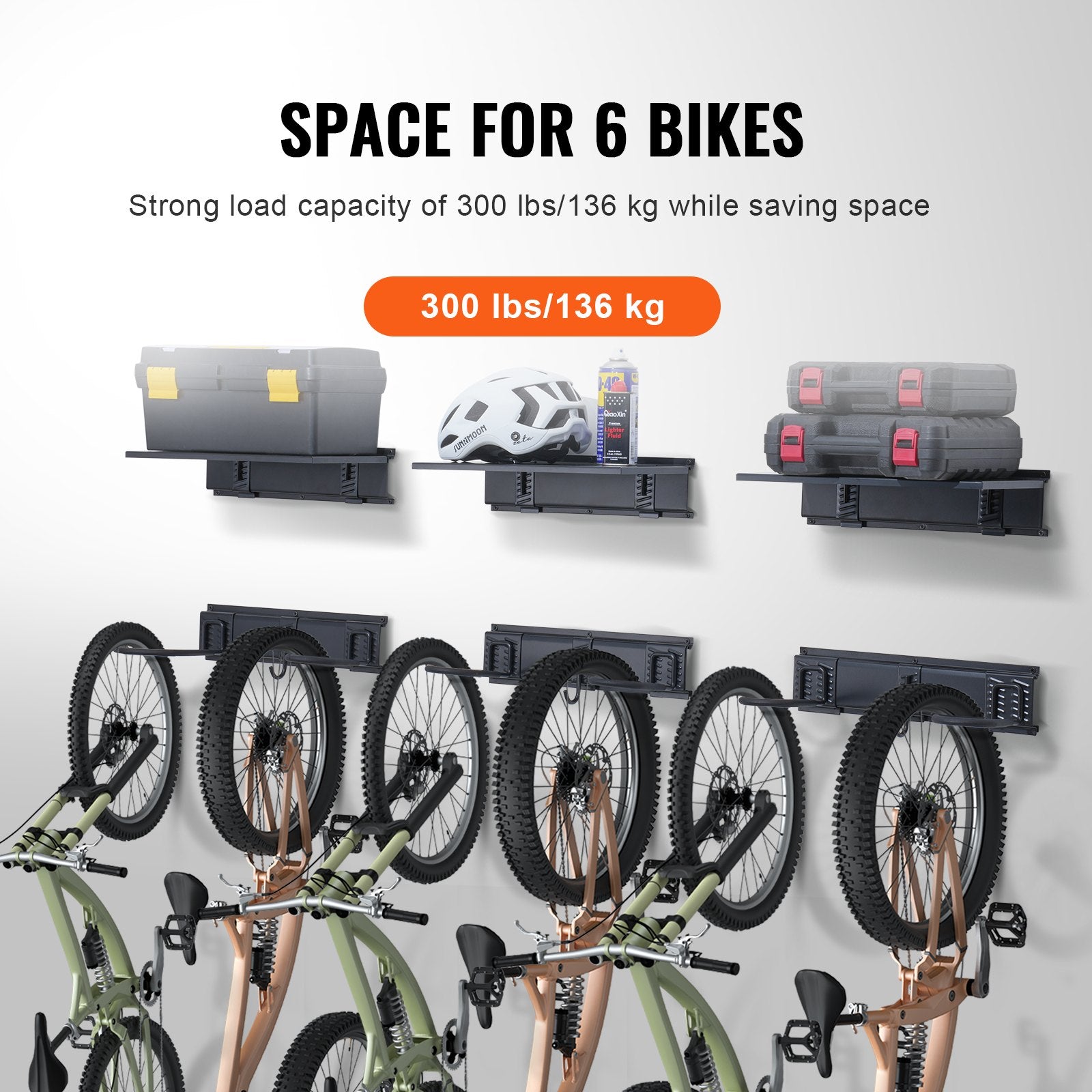 Efficient Wall Mount Bike Storage Rack with 6 Racks & 3 Helmet Hooks, 3 Shelves, Customizable Home & Garage Organizer, 300 lbs Capacity