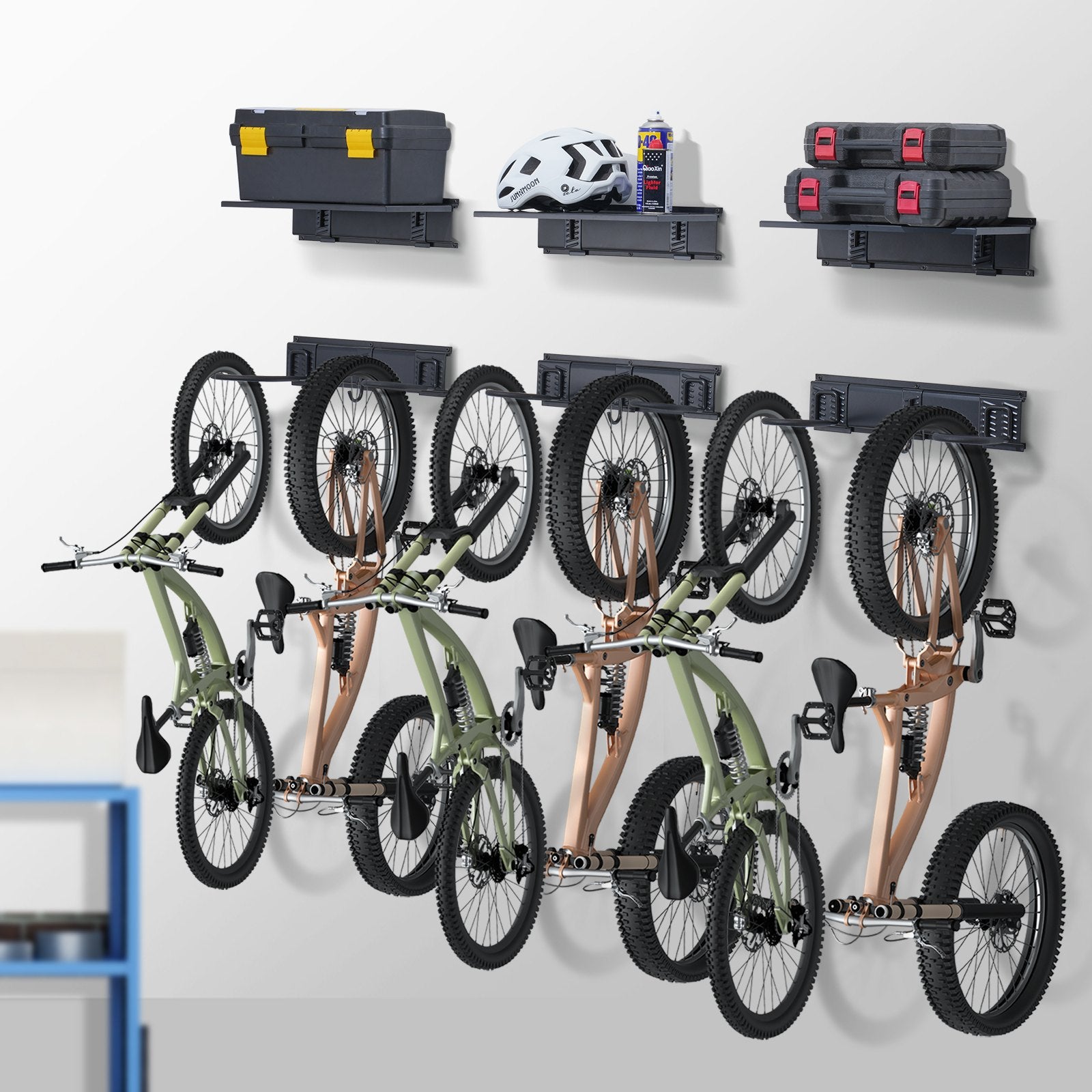 Efficient Wall Mount Bike Storage Rack with 6 Racks & 3 Helmet Hooks, 3 Shelves, Customizable Home & Garage Organizer, 300 lbs Capacity