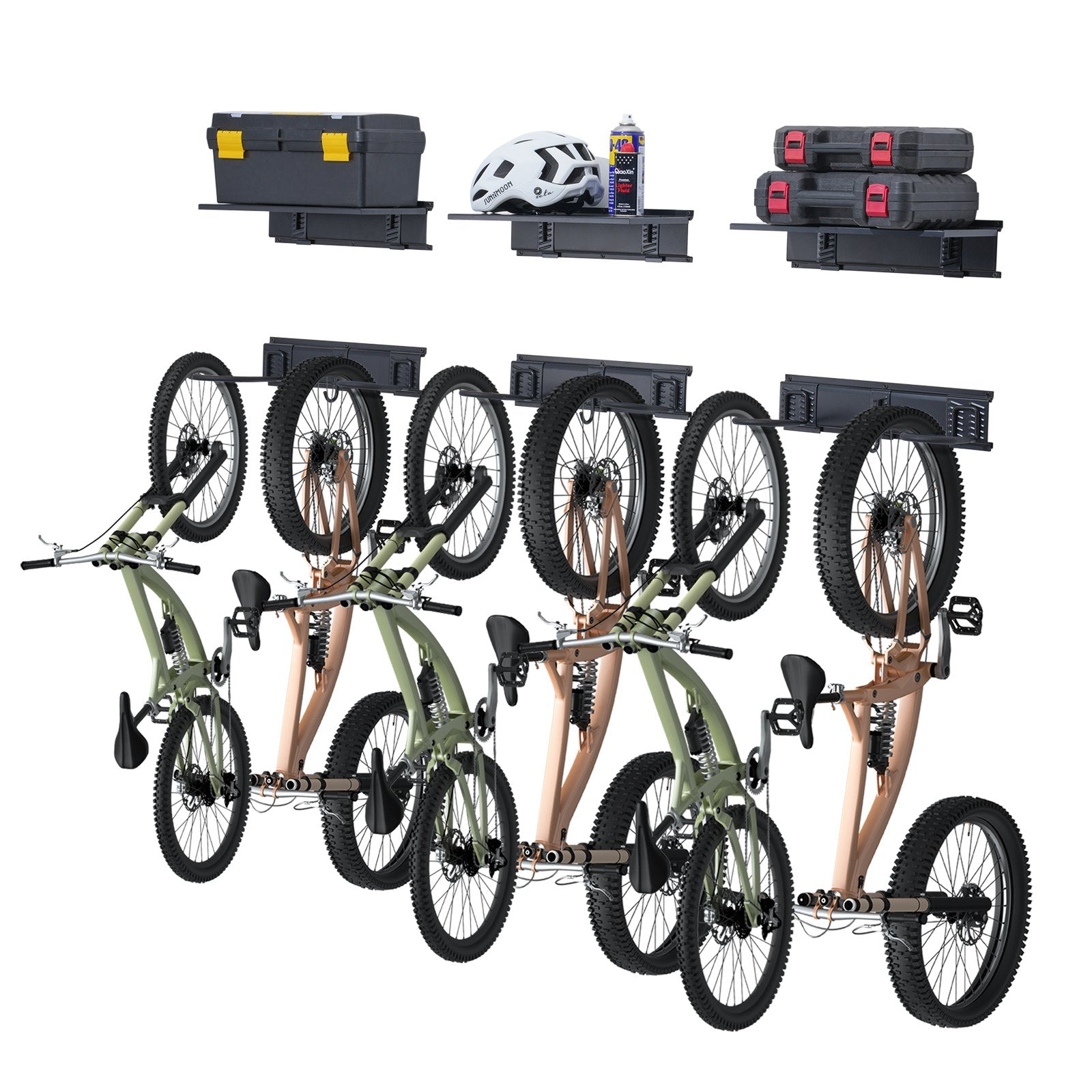 Efficient Wall Mount Bike Storage Rack with 6 Racks & 3 Helmet Hooks, 3 Shelves, Customizable Home & Garage Organizer, 300 lbs Capacity