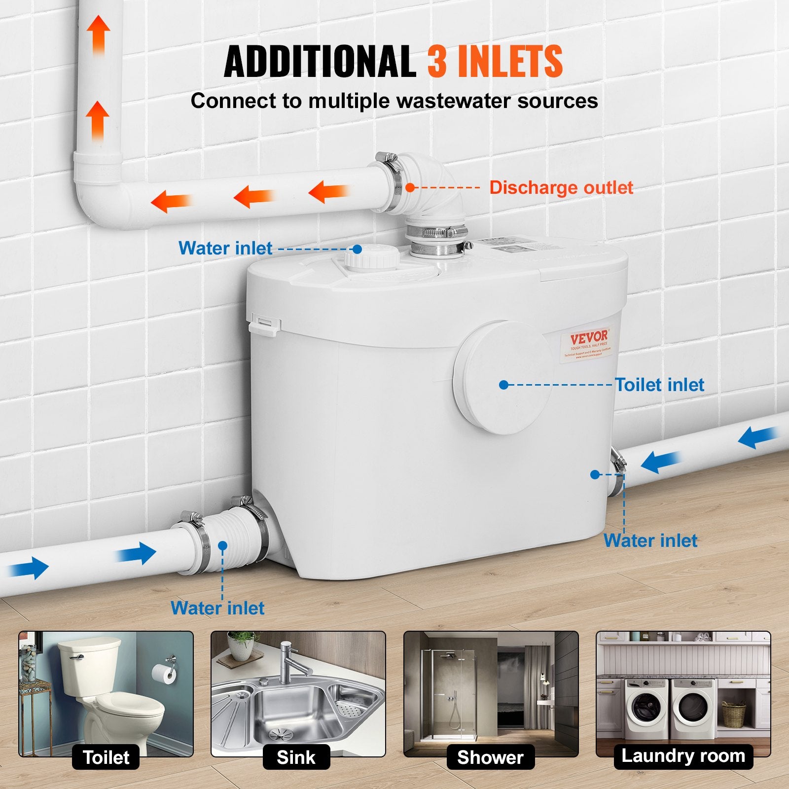 Compact Macerating Toilet System with 700W Pump, Dual Flush, Rear Discharge, Upflush for Basements, 3-Inlets, Space-Saving Design