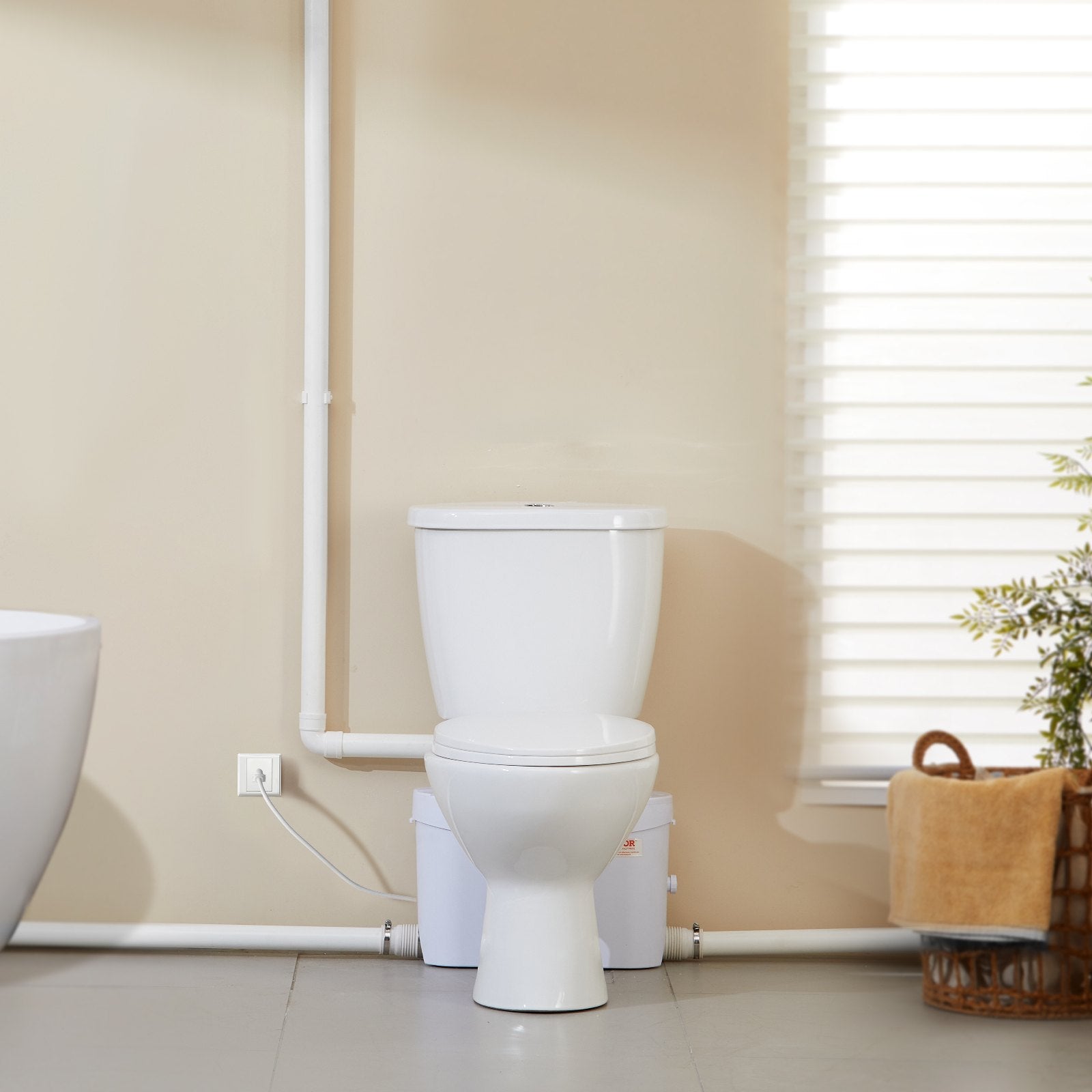 Compact Macerating Toilet System with 700W Pump, Dual Flush, Rear Discharge, Upflush for Basements, 3-Inlets, Space-Saving Design