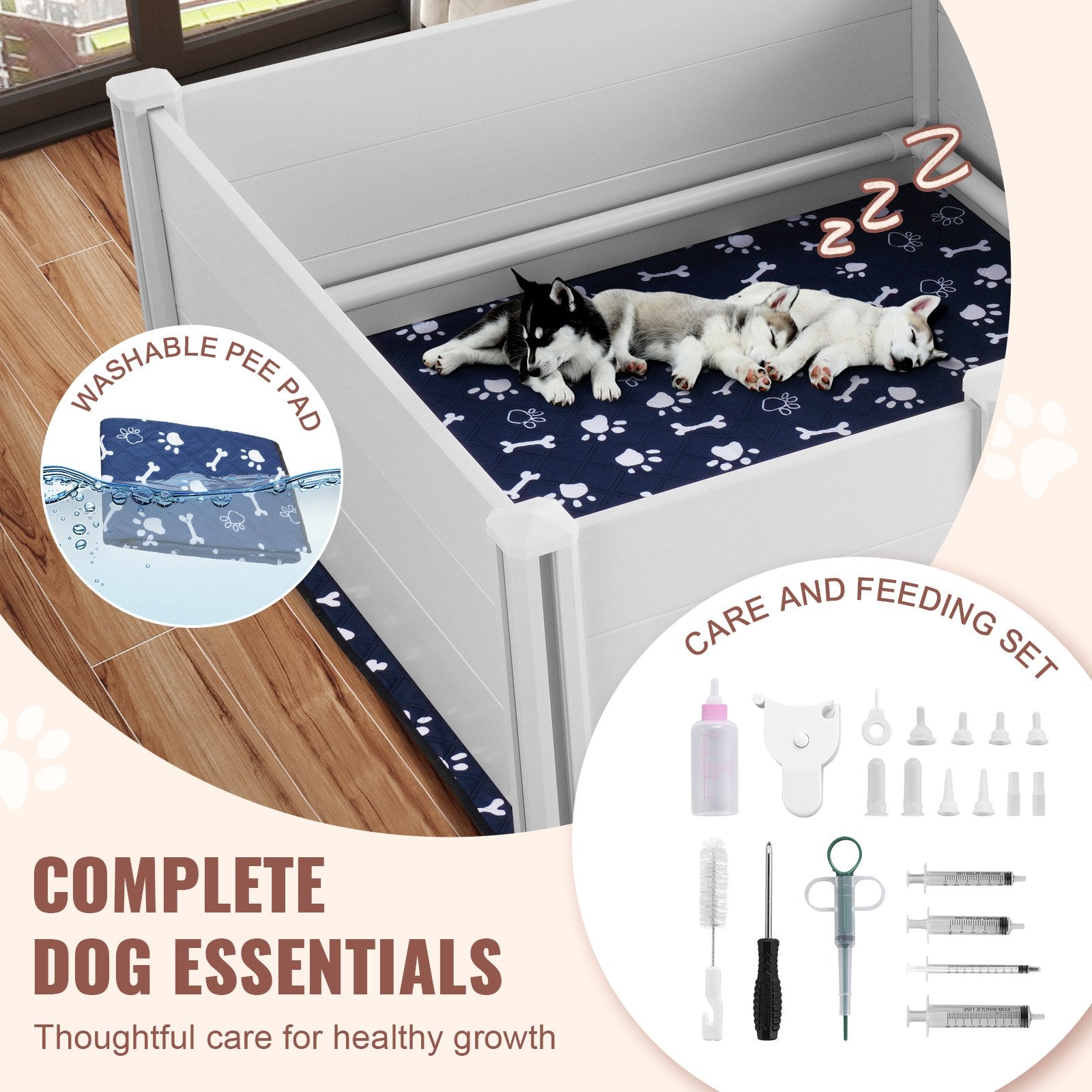 Spacious Milk White Dog Whelping Box with Dual Zone Design, Rails, Washable Pee Pads & Storage Bags - Ideal Puppy Birthing Pen Solution