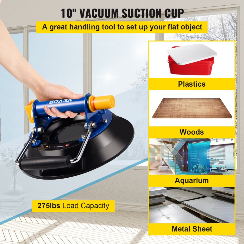 Heavy-Duty 10'' Vacuum Suction Cup for Moving Large Glass and Tiles, 275lbs Capacity