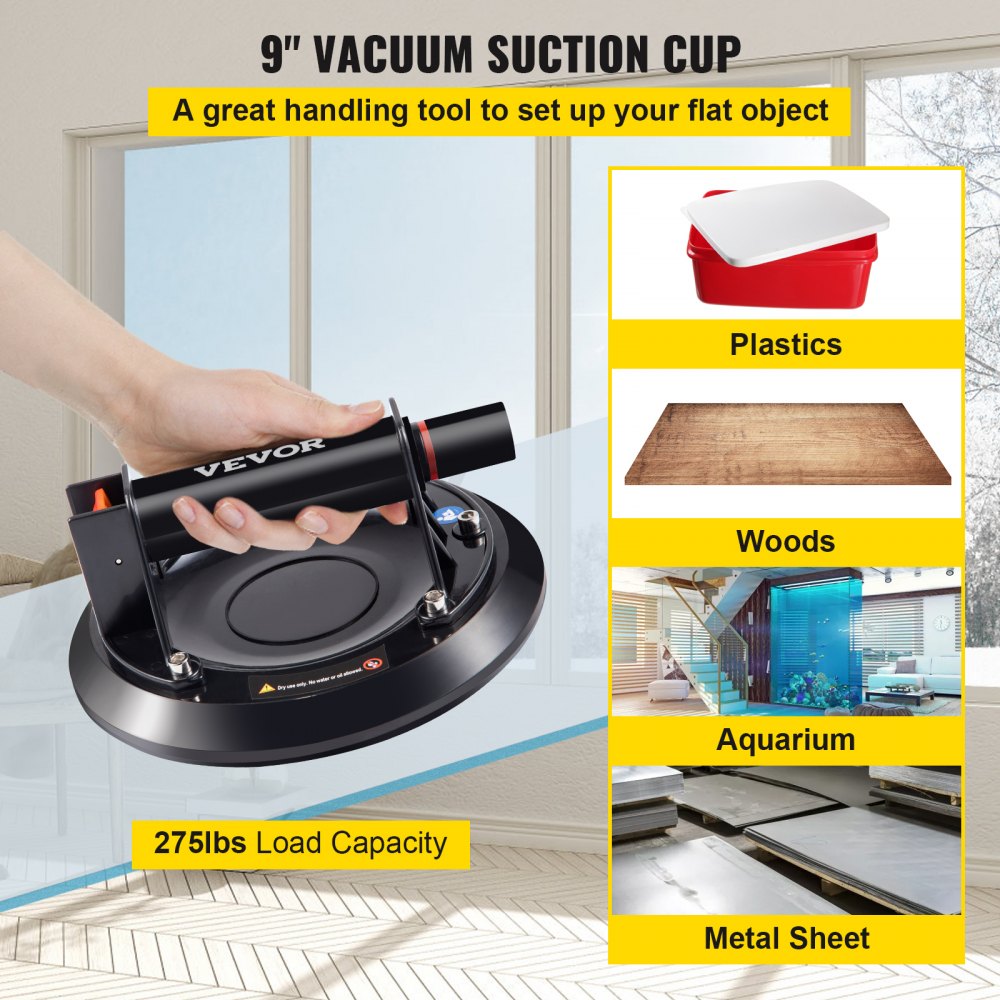Heavy-Duty 9'' Vacuum Suction Cup for Lifting Glass, Granite, and Tiles with 275lbs Capacity