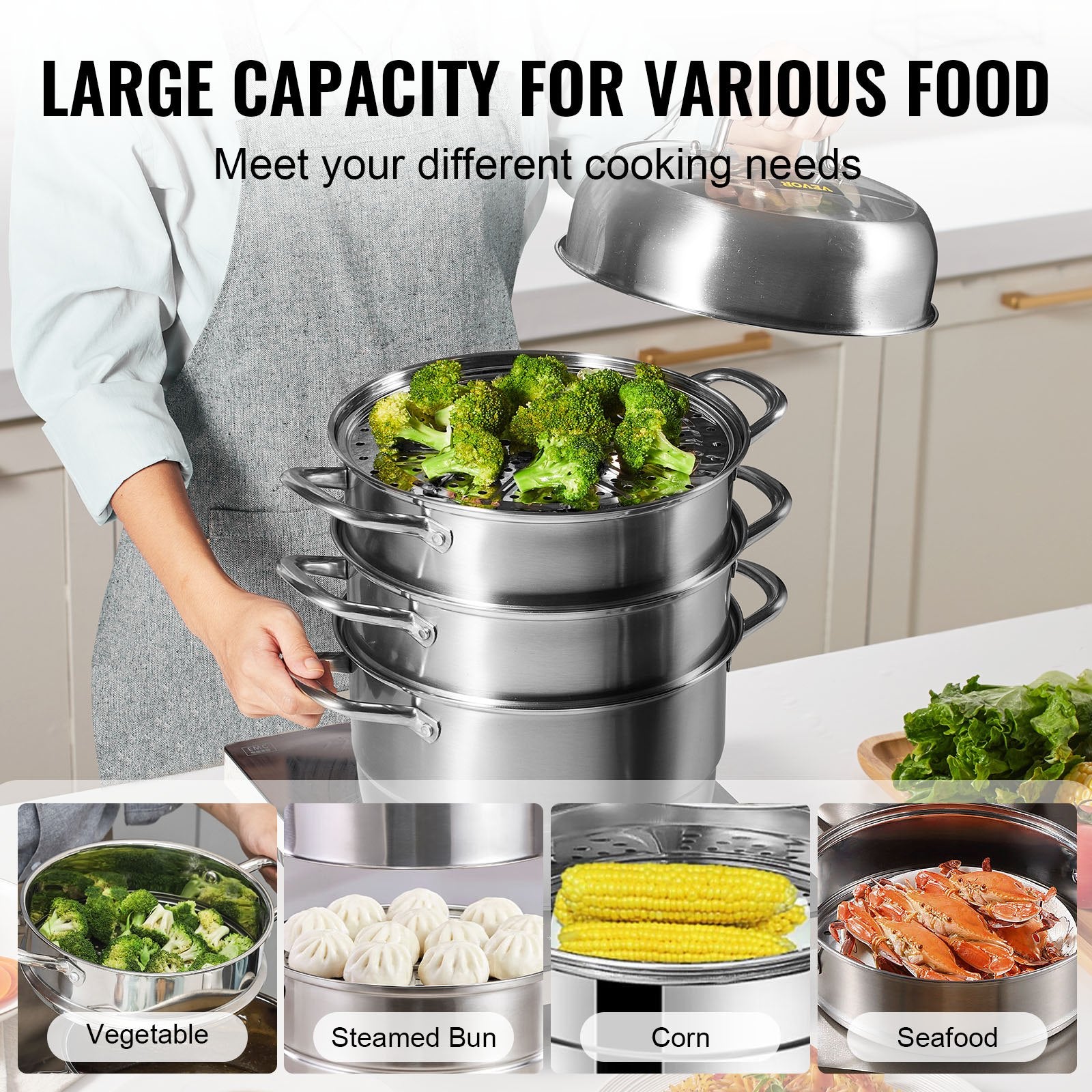 5-Tier Stainless Steel Steamer Pot Set, 11in/28cm with 8.5QT Stock Pot, 3 Steamers & 2 Trays for Gas & Electric Stoves, Space-Saving Design