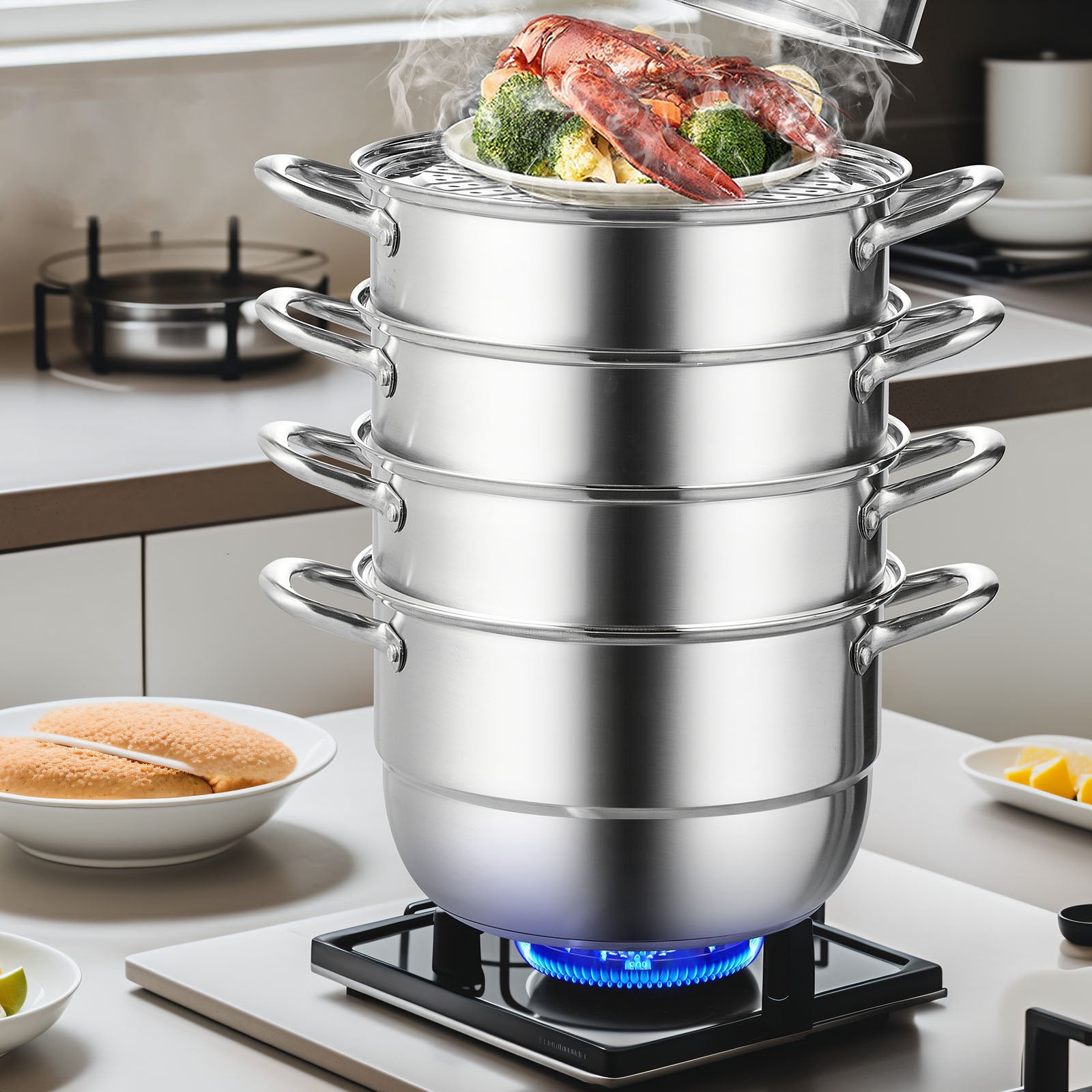5-Tier Stainless Steel Steamer Pot Set, 11in/28cm with 8.5QT Stock Pot, 3 Steamers & 2 Trays for Gas & Electric Stoves, Space-Saving Design