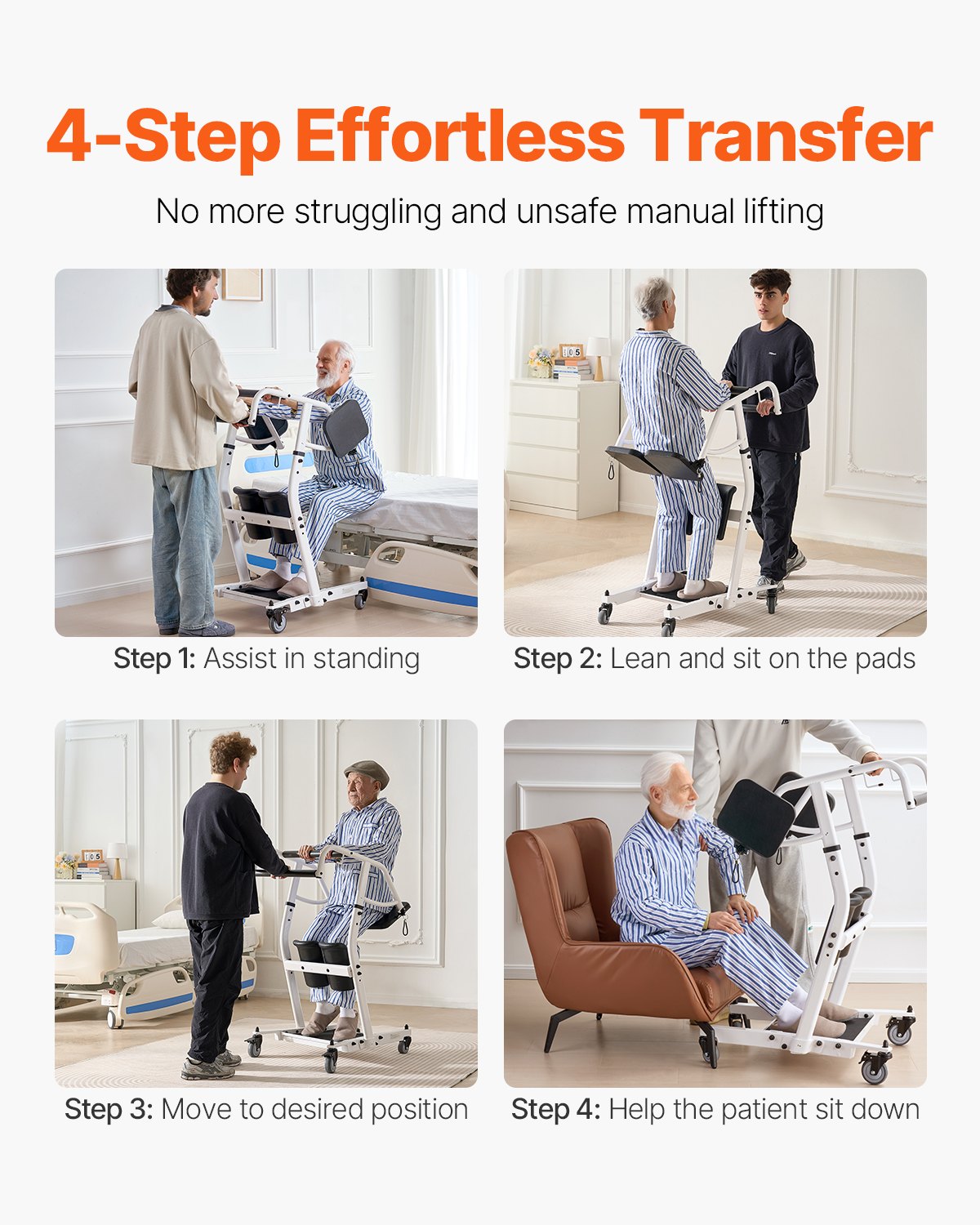 Sit-to-Stand Transfer Chair for Seniors & Disabled with Adjustable Knee Pads, PU Seat, Lockable Wheels - 400 lbs Capacity, Home Nursing Lift