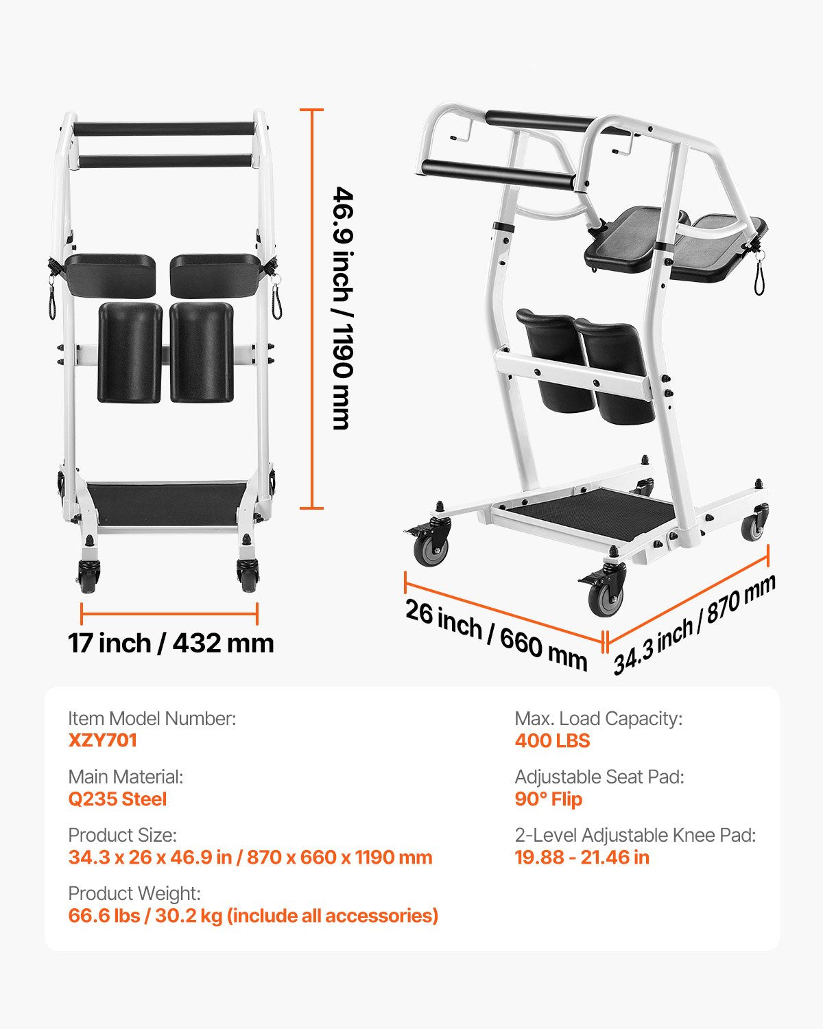 Sit-to-Stand Transfer Chair for Seniors & Disabled with Adjustable Knee Pads, PU Seat, Lockable Wheels - 400 lbs Capacity, Home Nursing Lift