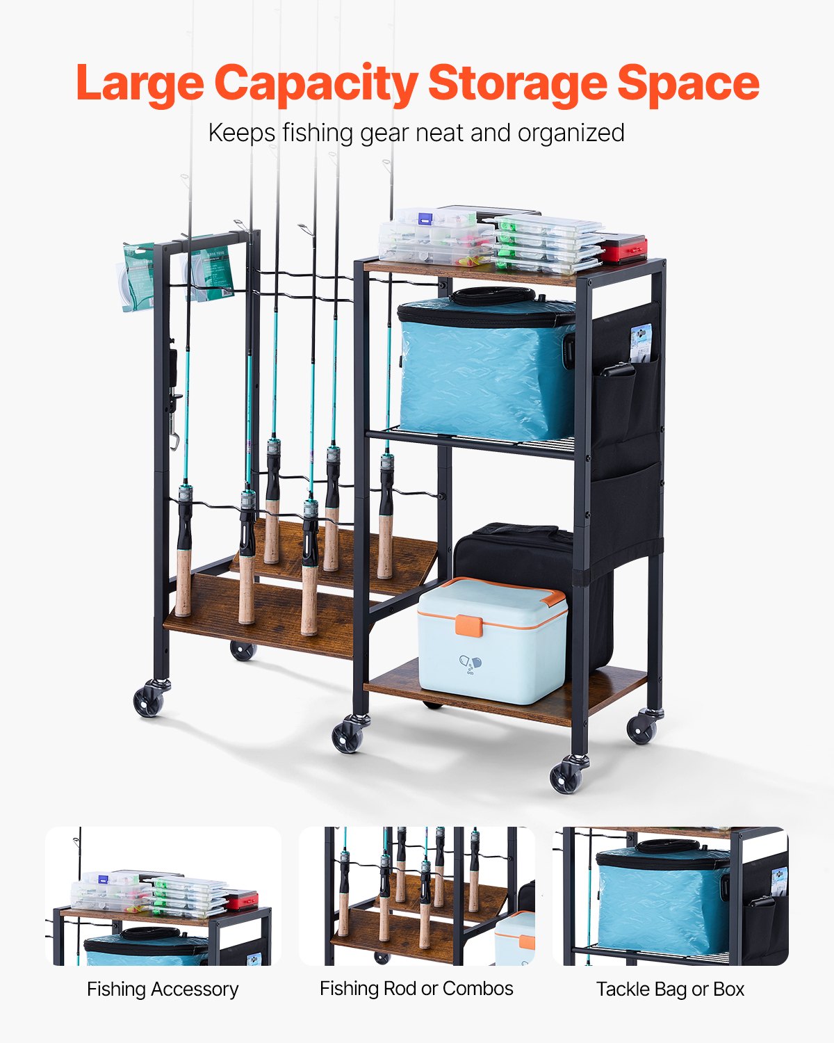 Mobile Fishing Rod Holder Cart with Wheels for 12 Rods - Garage and Indoor Fish Gear Organizer, Tackle Box Storage, Ideal Gift for Men