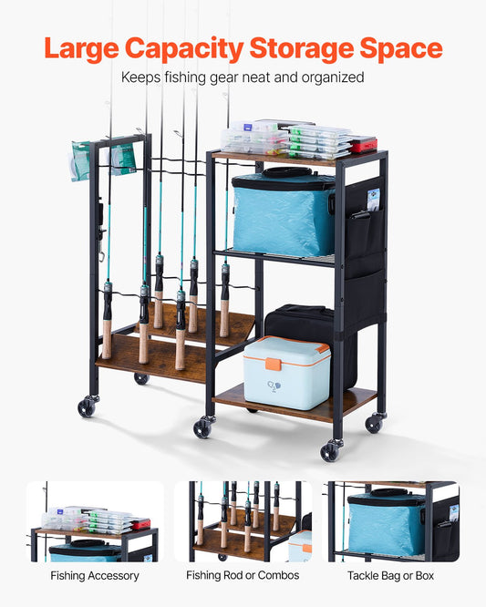 Mobile Fishing Rod Holder Cart with Wheels for 12 Rods - Garage and Indoor Fish Gear Organizer, Tackle Box Storage, Ideal Gift for Men