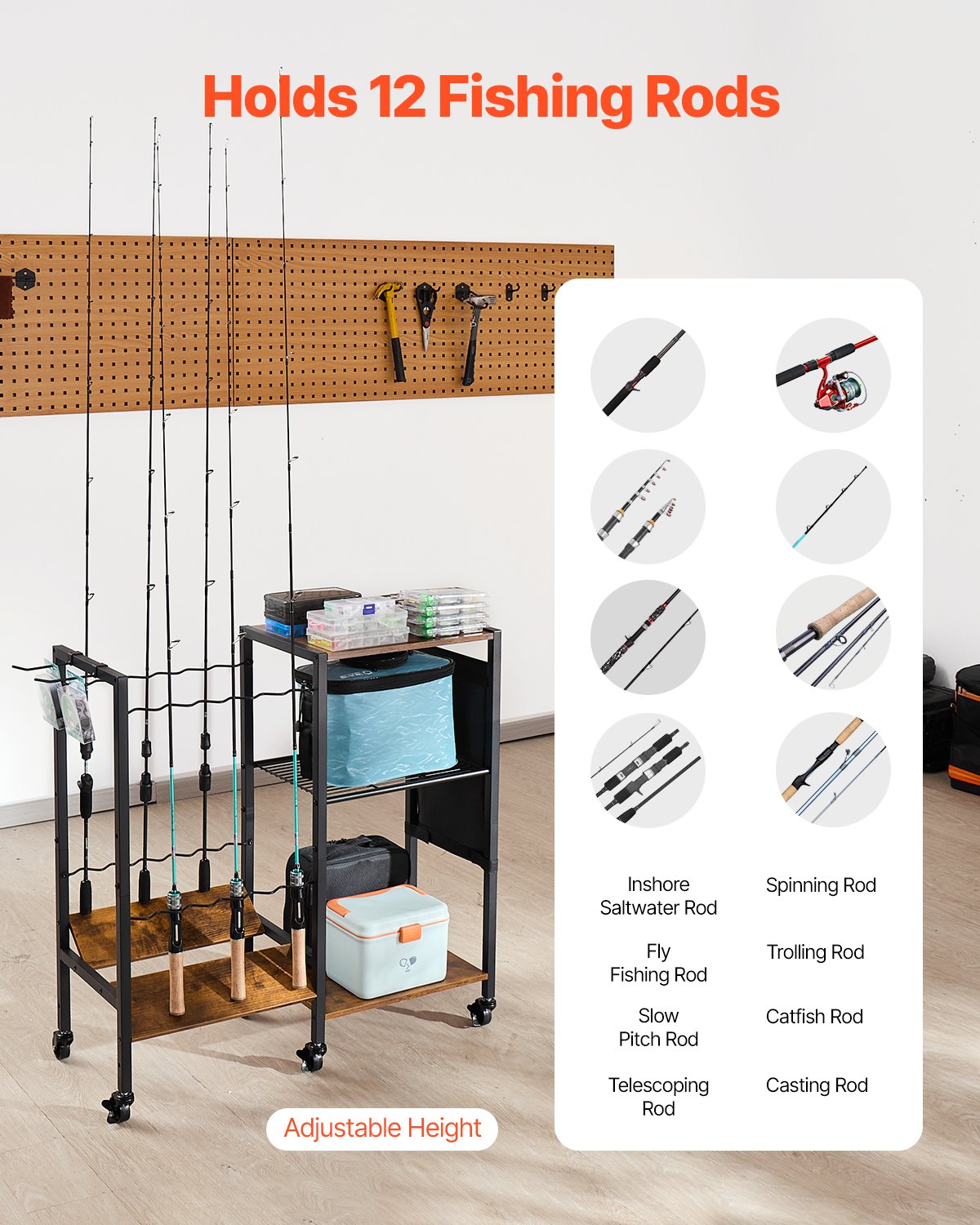 Mobile Fishing Rod Holder Cart with Wheels for 12 Rods - Garage and Indoor Fish Gear Organizer, Tackle Box Storage, Ideal Gift for Men
