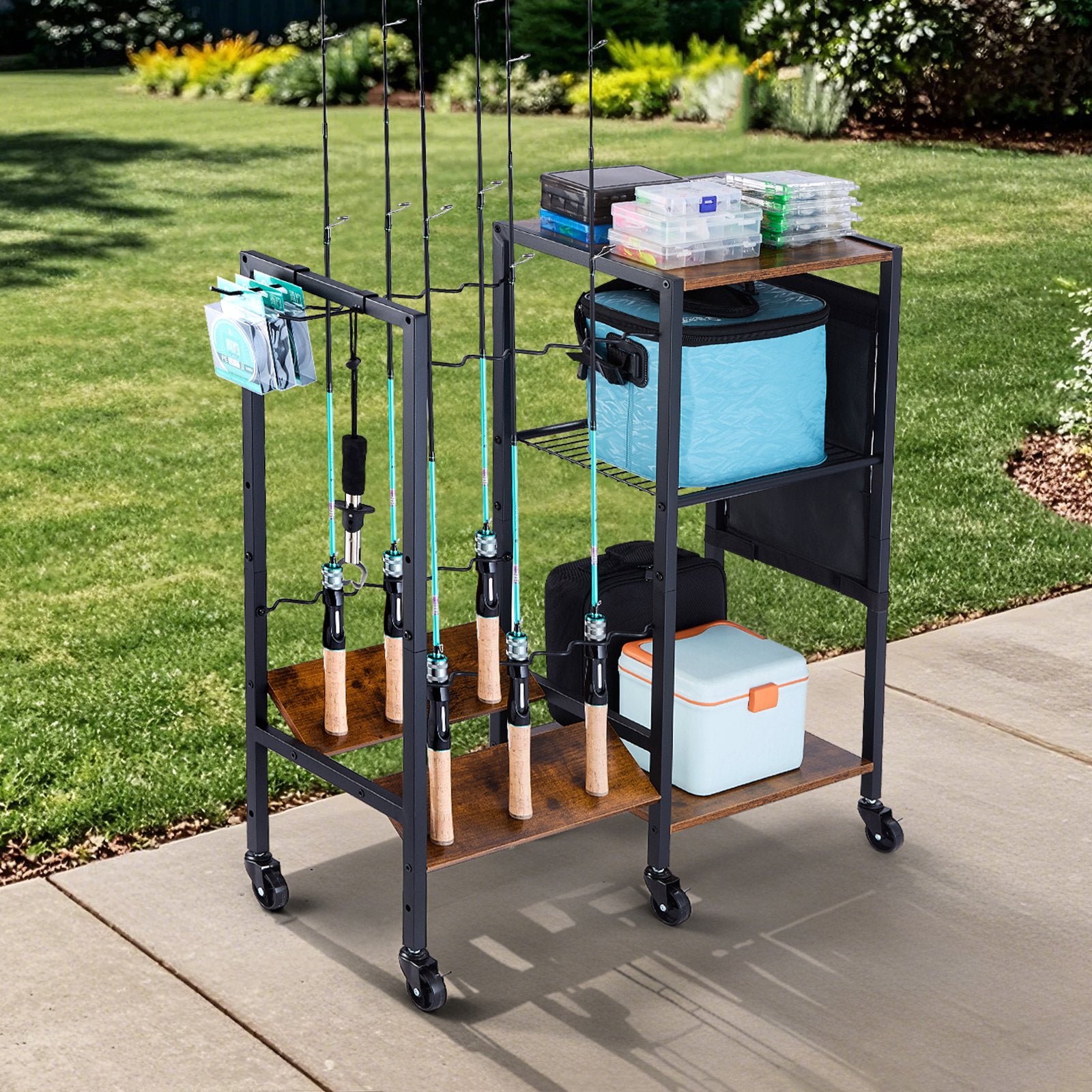 Mobile Fishing Rod Holder Cart with Wheels for 12 Rods - Garage and Indoor Fish Gear Organizer, Tackle Box Storage, Ideal Gift for Men