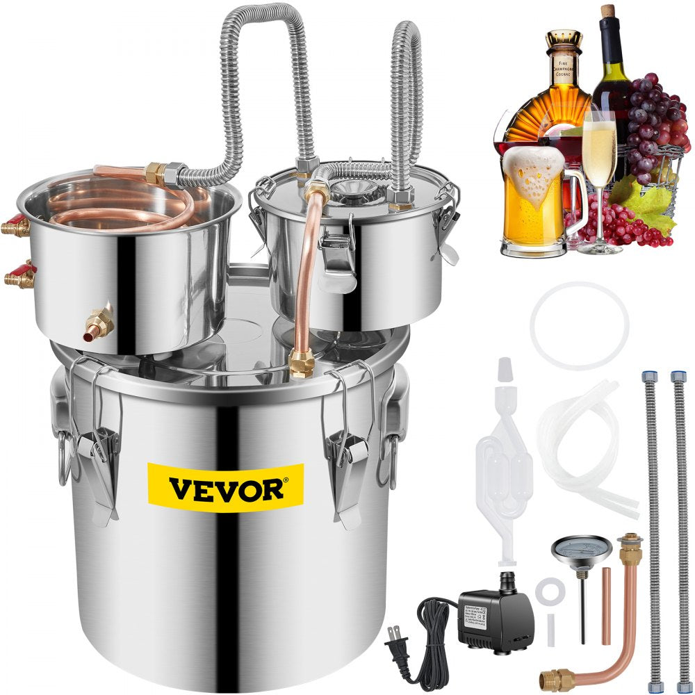 5 Gallon Stainless Steel Home Distillation Kit with Copper Tube, Thermometer, and Double Thumper Keg for Crafting Whiskey, Wine, and Brandy