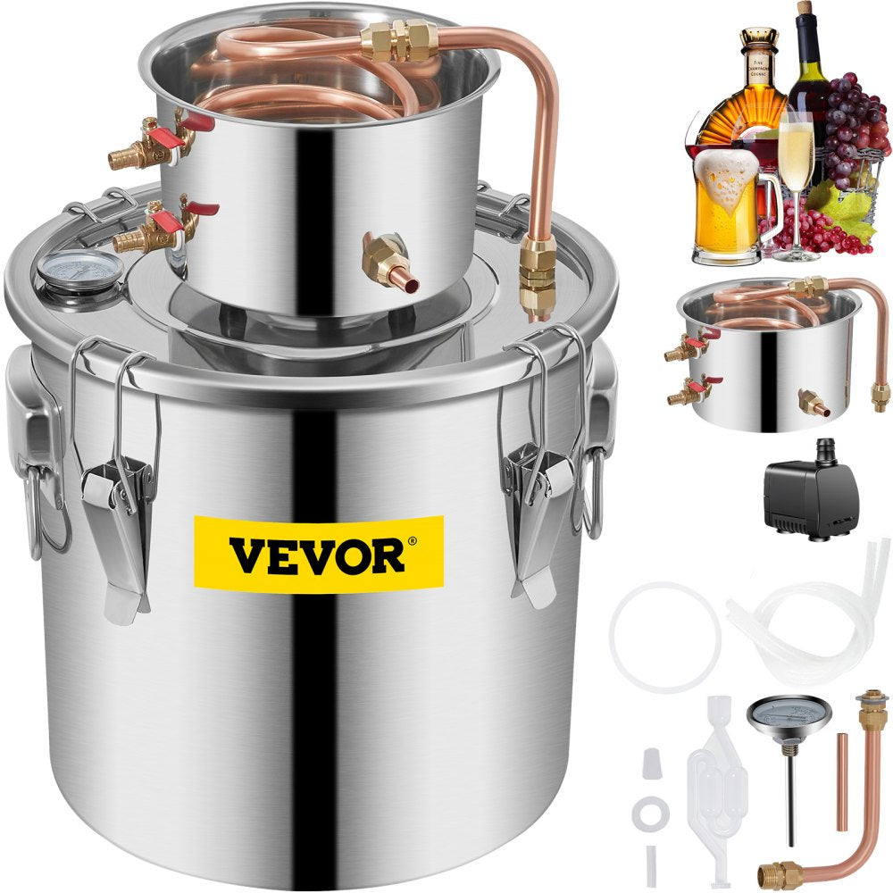 Large Capacity 38L Alcohol Distillery Kit with Copper Tube and Thermometer for Homemade Whiskey and Spirits, Includes Circulating Pump and Stainless Steel Components