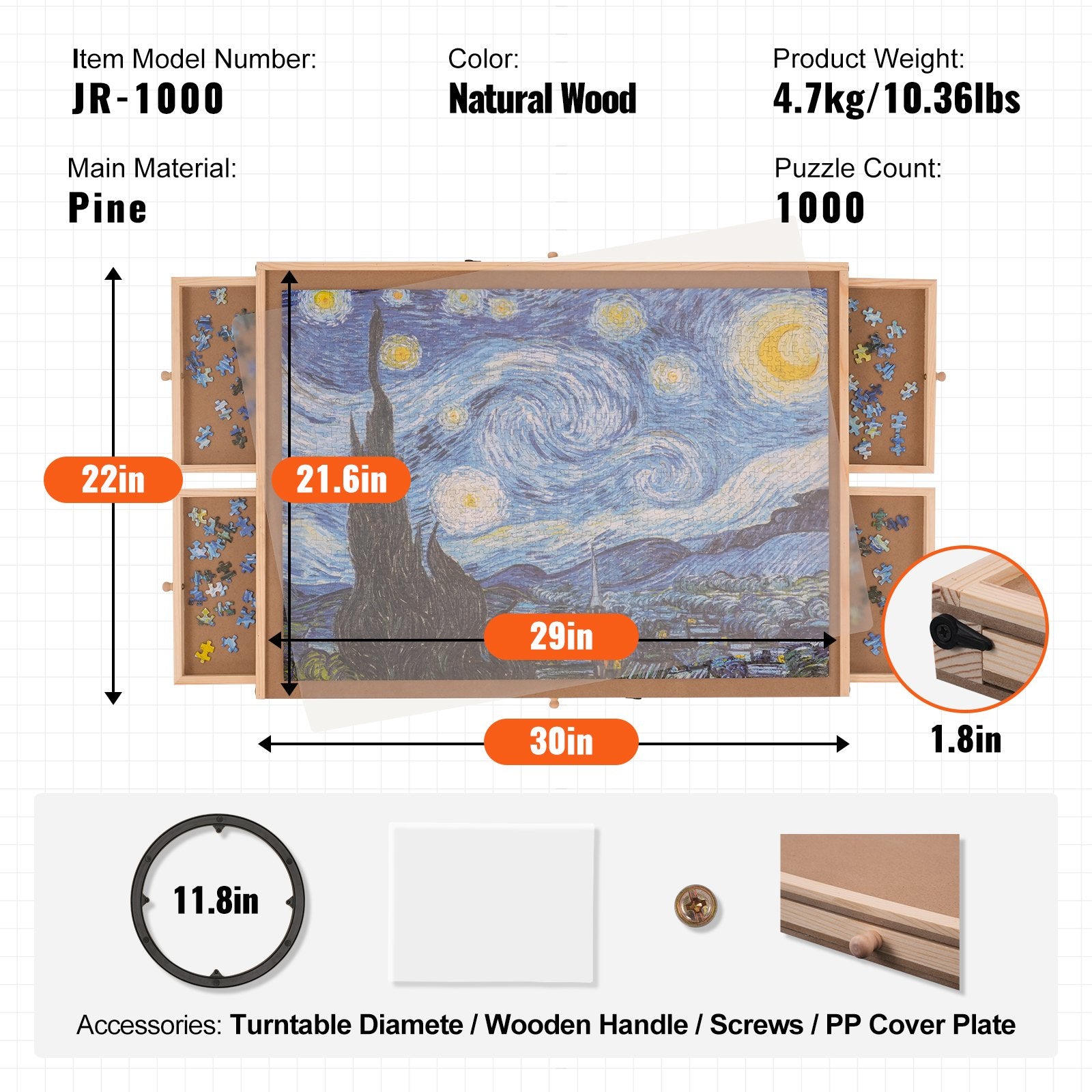 Rotating 1000 Piece Jigsaw Puzzle Board with Drawers & Cover, Premium Wooden Organizer for Adults, Portable Puzzle Storage Solution