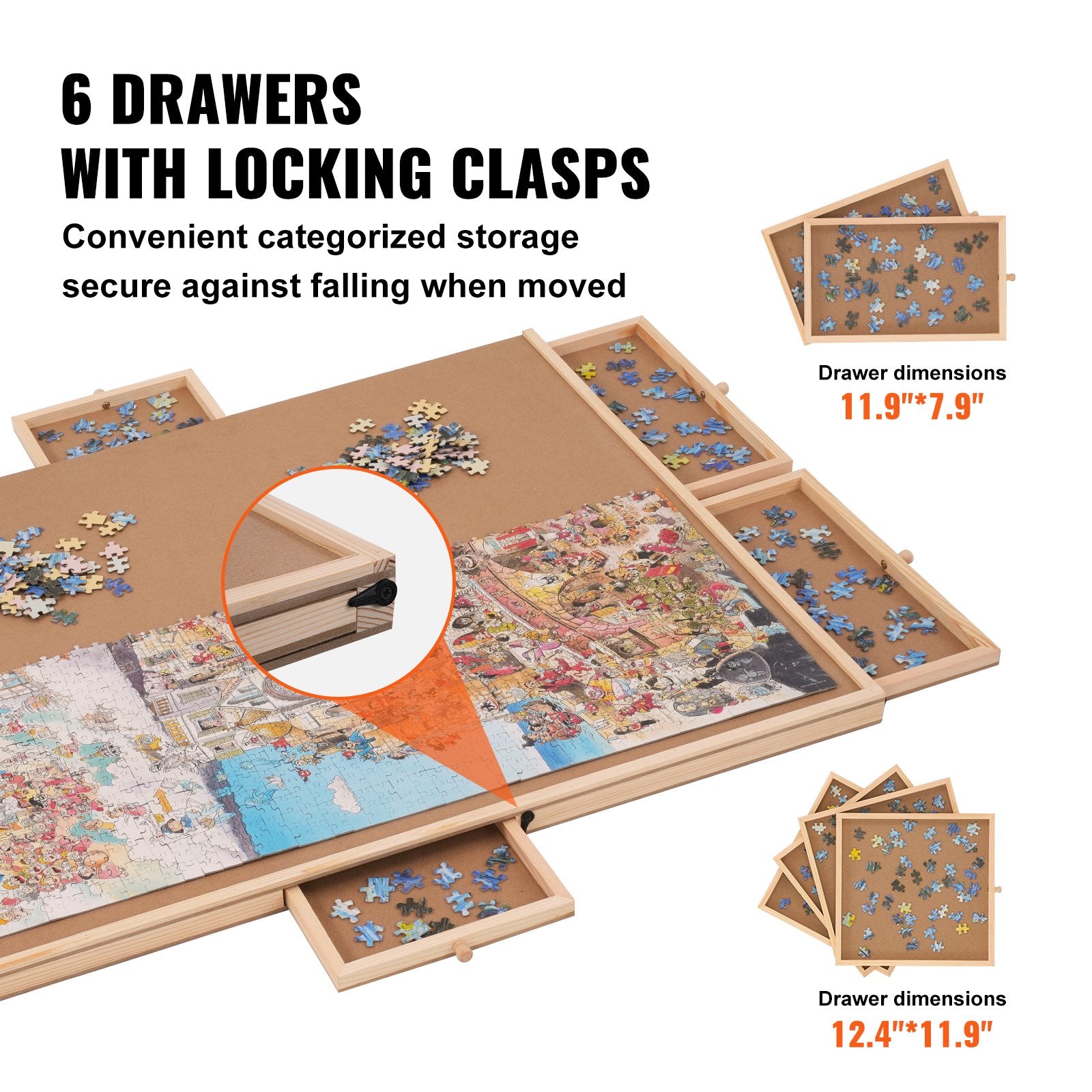1500-Piece Rotating Puzzle Board with 6 Drawers & Cover, Portable Jigsaw Organizer, Ideal Gift for Puzzle Enthusiasts, Durable Wooden Storage System