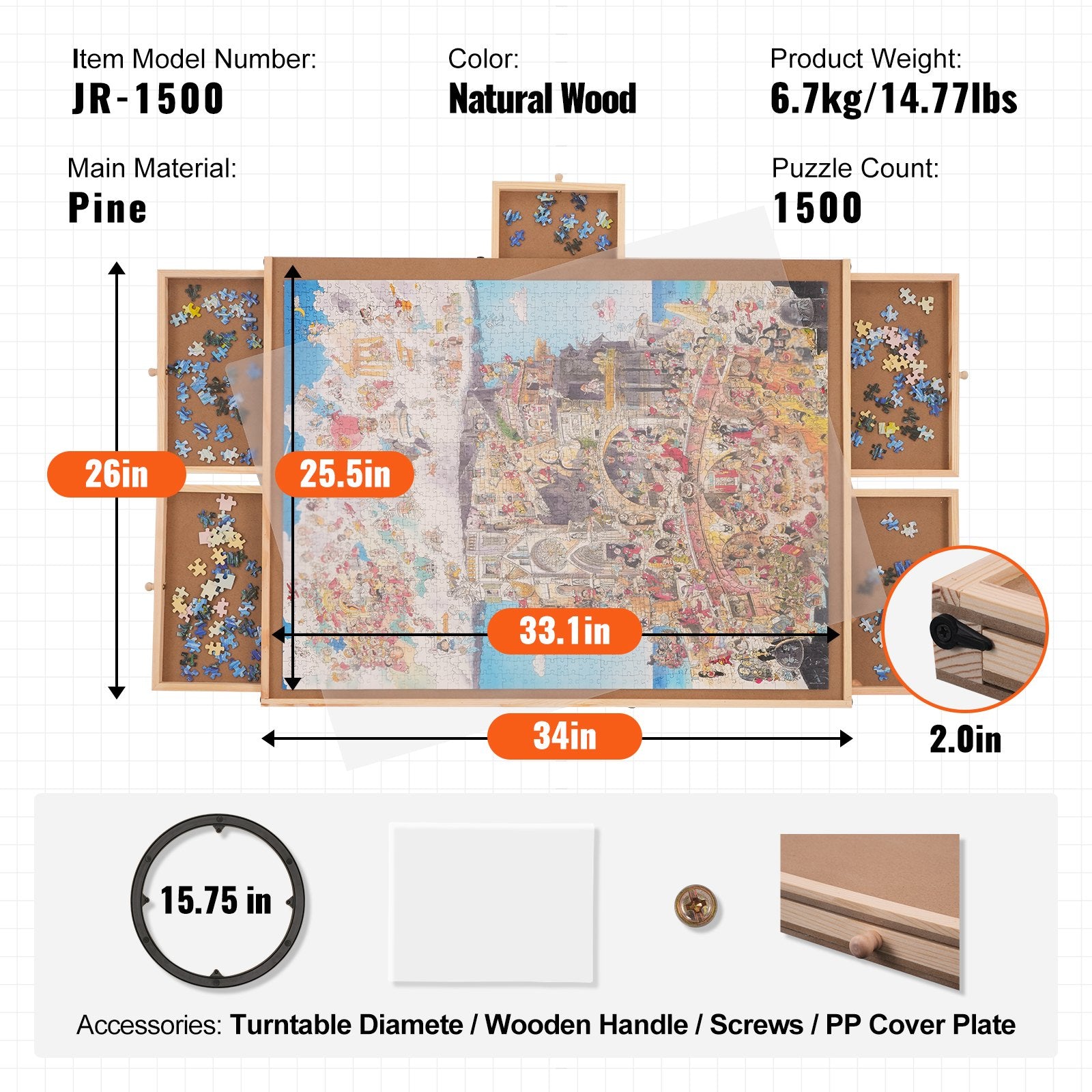 1500-Piece Rotating Puzzle Board with 6 Drawers & Cover, Portable Jigsaw Organizer, Ideal Gift for Puzzle Enthusiasts, Durable Wooden Storage System