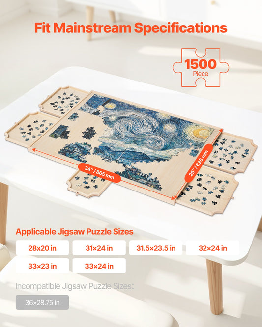Rotating Puzzle Board with 5 Drawers, 1500 Piece Capacity, 34x25" Portable Table, Jigsaw Organizer, Ideal Gift for Puzzle Lovers
