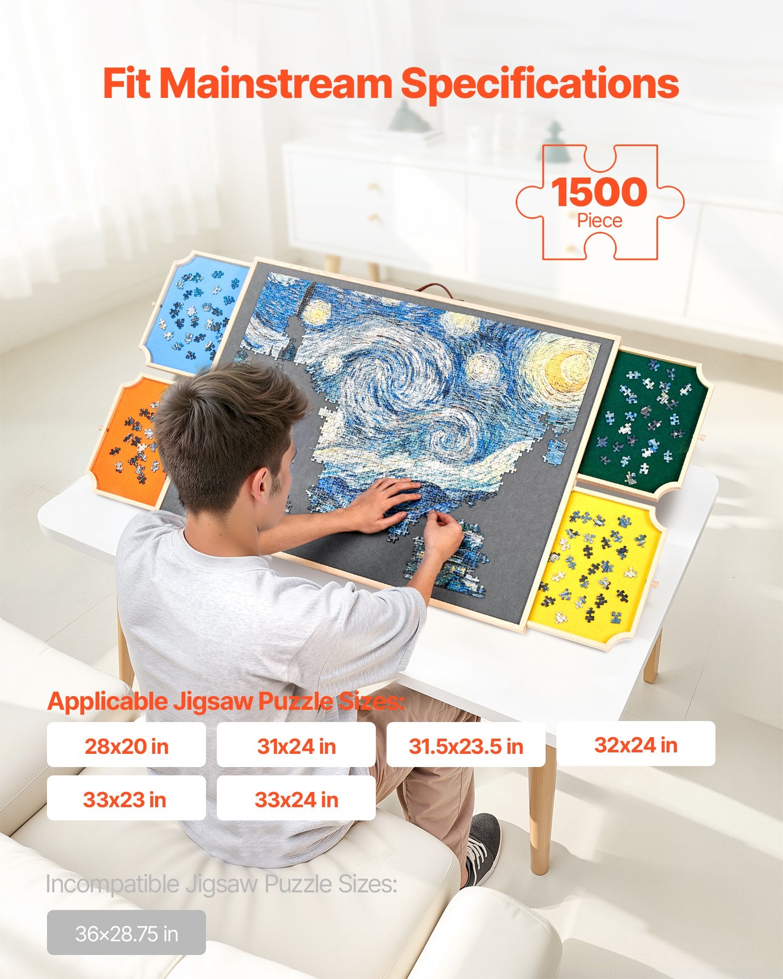 1500-Piece Jigsaw Puzzle Board with 360° Rotation, 4 Felt Drawers, Adjustable Angles, Portable Wooden Table, Perfect Gift for Puzzle Enthusiasts