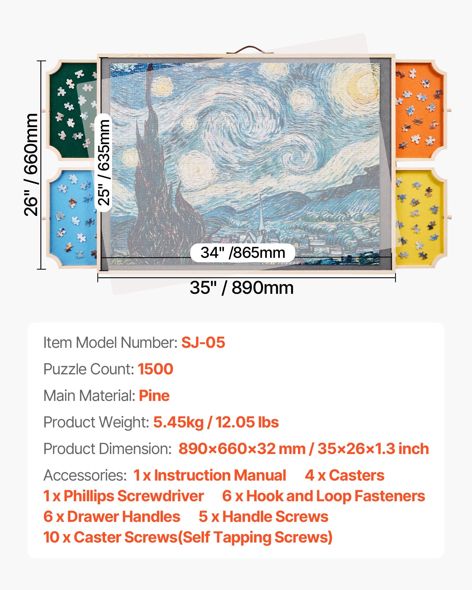 1500-Piece Jigsaw Puzzle Board with 360° Rotation, 4 Felt Drawers, Adjustable Angles, Portable Wooden Table, Perfect Gift for Puzzle Enthusiasts