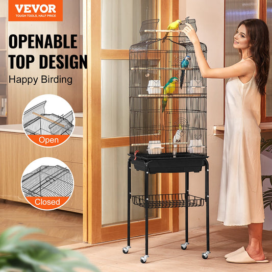 Spacious 62-Inch Open Top Parakeet Cage with Rolling Stand, Durable Steel Bird Flight Cage for Budgies, Lovebirds, Cockatiels, Easy Clean-Up & Assembly