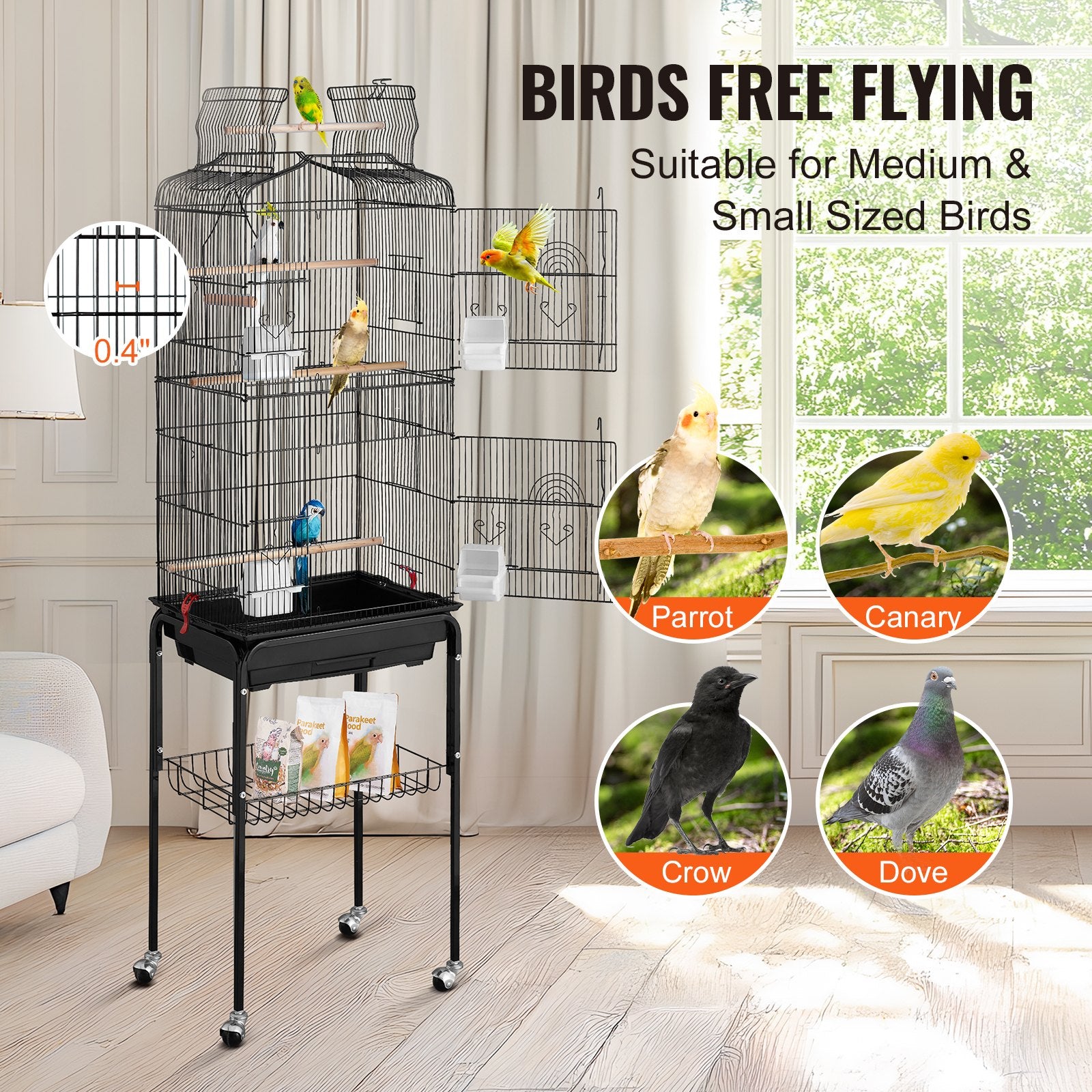 Spacious 62-Inch Open Top Parakeet Cage with Rolling Stand, Durable Steel Bird Flight Cage for Budgies, Lovebirds, Cockatiels, Easy Clean-Up & Assembly