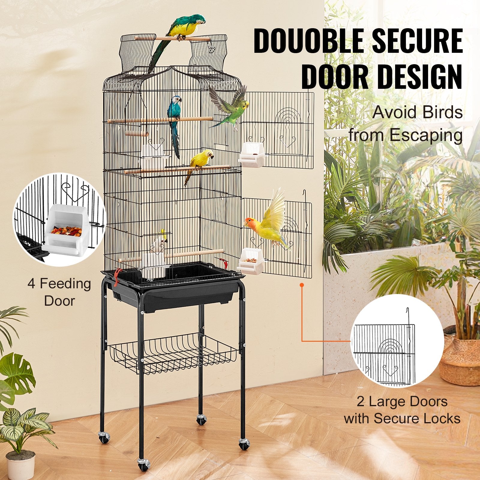 Spacious 62-Inch Open Top Parakeet Cage with Rolling Stand, Durable Steel Bird Flight Cage for Budgies, Lovebirds, Cockatiels, Easy Clean-Up & Assembly