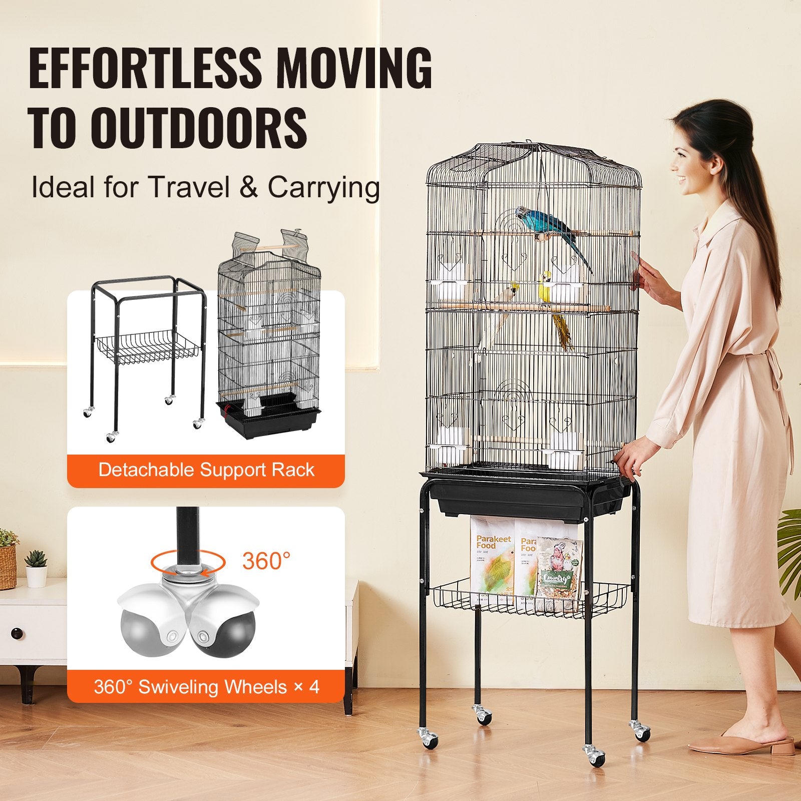 Spacious 62-Inch Open Top Parakeet Cage with Rolling Stand, Durable Steel Bird Flight Cage for Budgies, Lovebirds, Cockatiels, Easy Clean-Up & Assembly
