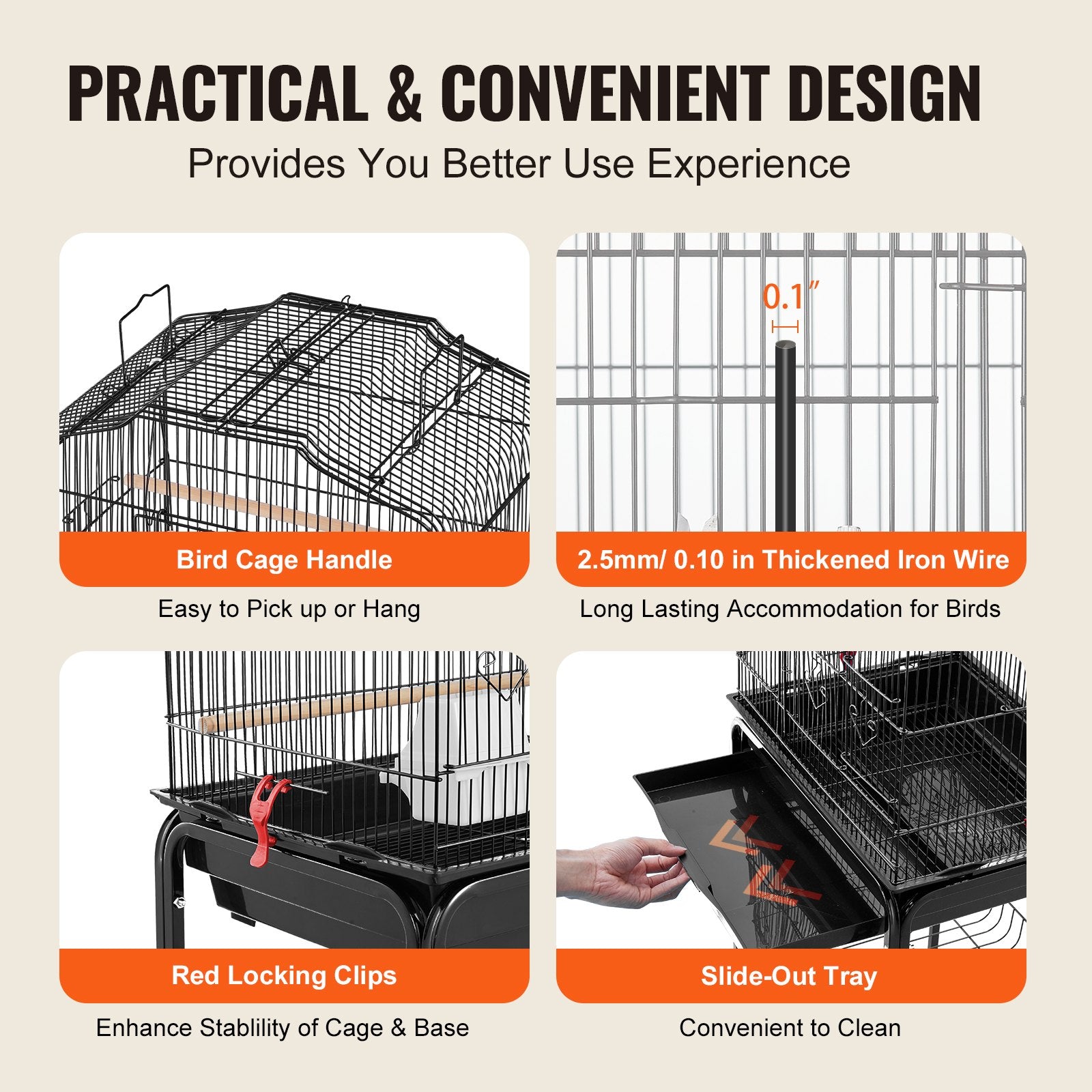 Spacious 62-Inch Open Top Parakeet Cage with Rolling Stand, Durable Steel Bird Flight Cage for Budgies, Lovebirds, Cockatiels, Easy Clean-Up & Assembly