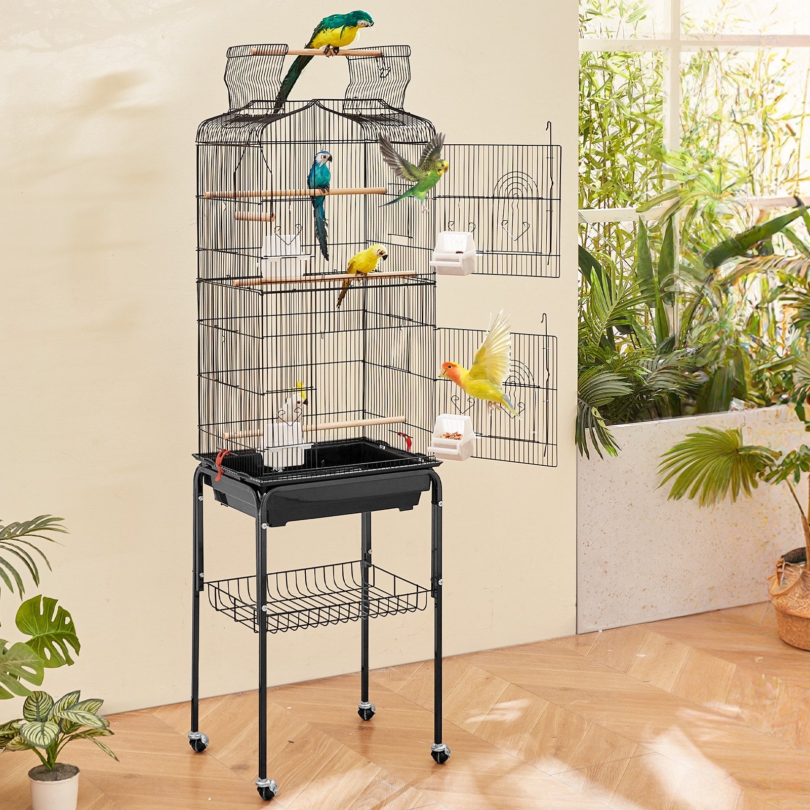 Spacious 62-Inch Open Top Parakeet Cage with Rolling Stand, Durable Steel Bird Flight Cage for Budgies, Lovebirds, Cockatiels, Easy Clean-Up & Assembly