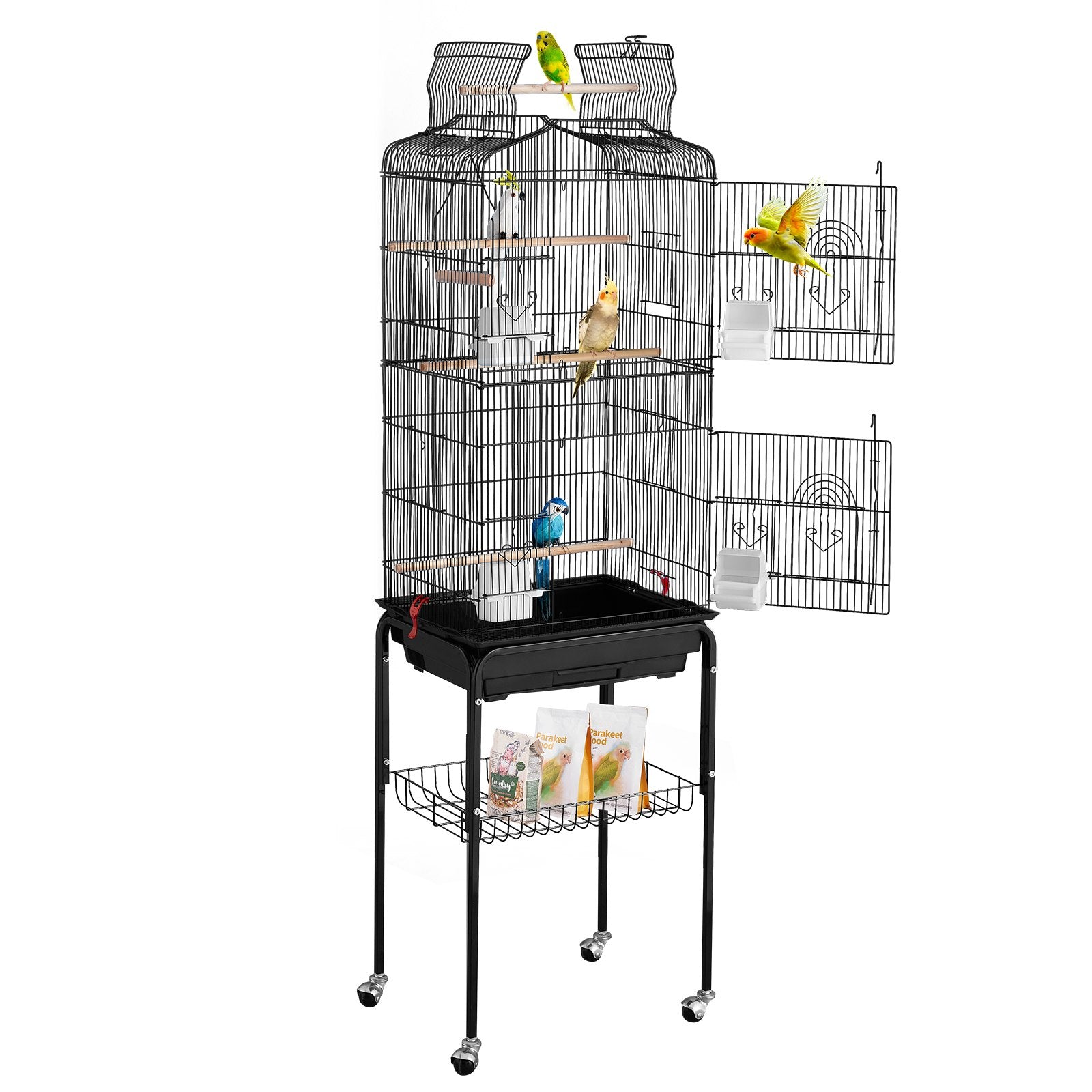 Spacious 62-Inch Open Top Parakeet Cage with Rolling Stand, Durable Steel Bird Flight Cage for Budgies, Lovebirds, Cockatiels, Easy Clean-Up & Assembly