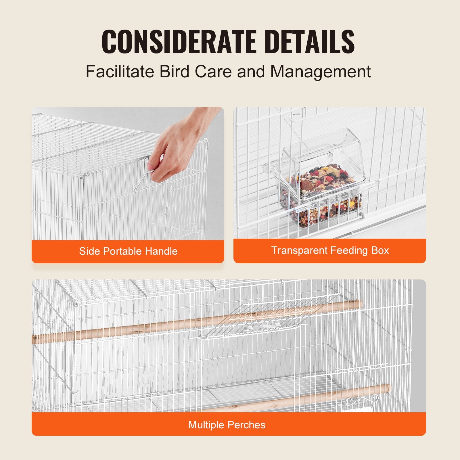 Compact White Bird Cage - 18" Sturdy Metal Flight Cage for Parakeets, Canaries, Cockatiels, Lovebirds with Perches & Feeding Cups, Travel-Ready Design