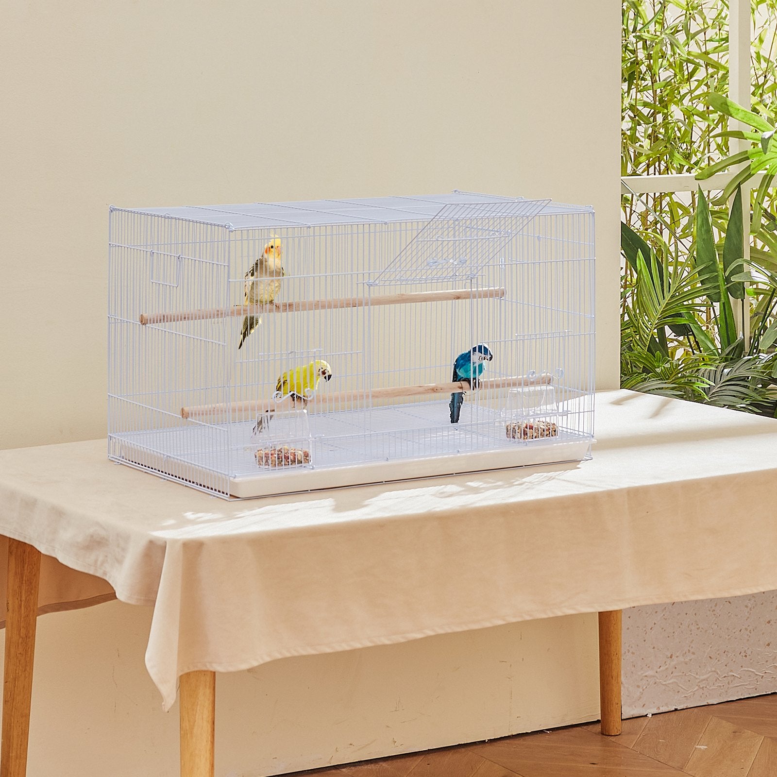 Compact White Bird Cage - 18" Sturdy Metal Flight Cage for Parakeets, Canaries, Cockatiels, Lovebirds with Perches & Feeding Cups, Travel-Ready Design