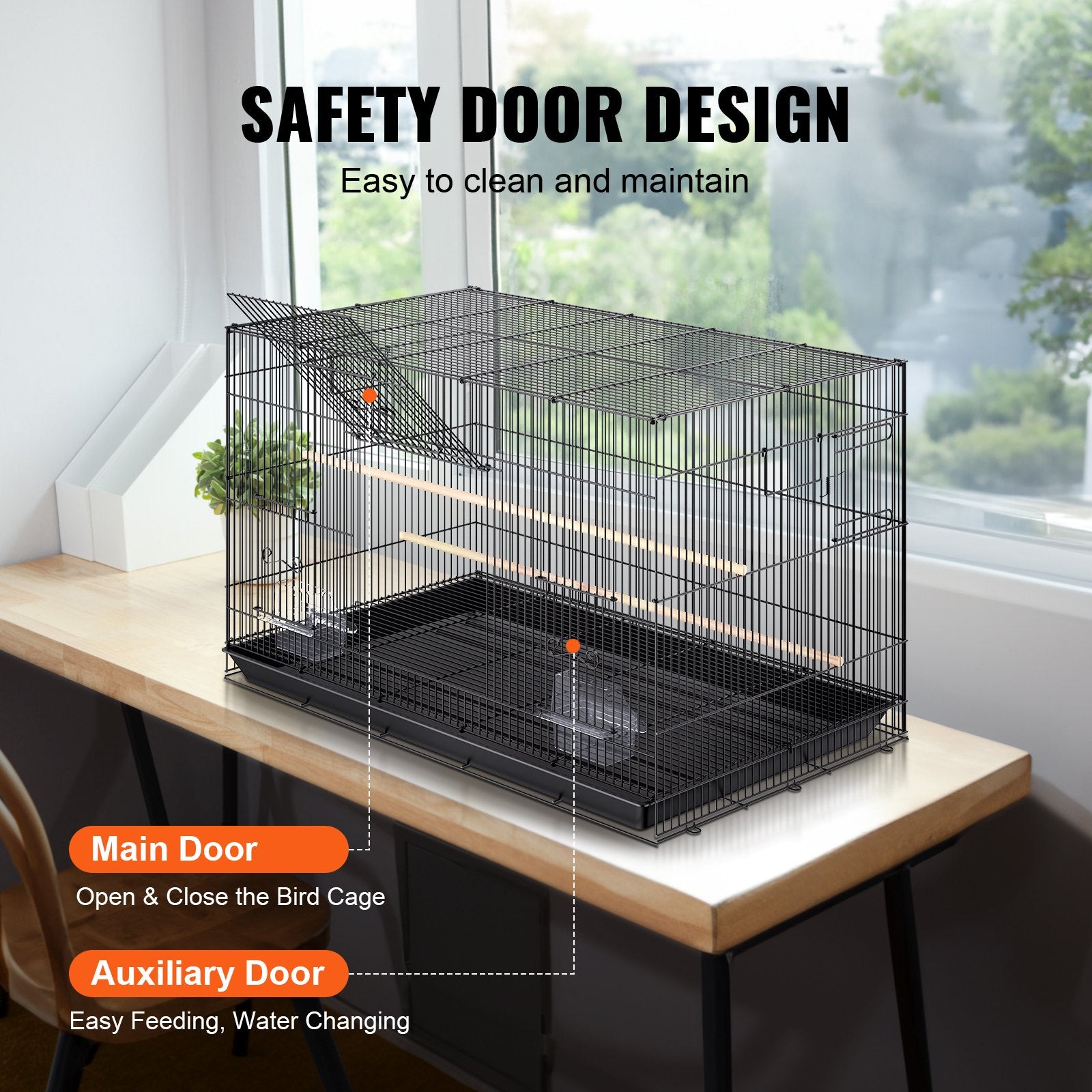 Spacious 30" Metal Bird Cage for Parakeets, Cockatiels, Budgies & More with Rolling Stand, Tray, Safety Doors, Easy Clean, Q195 Steel