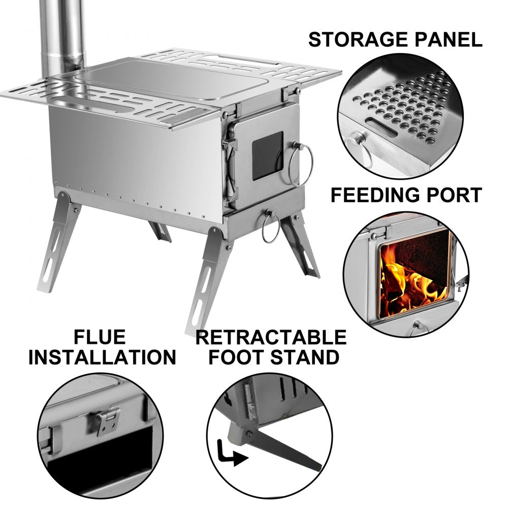 Compact Stainless Steel Wood Stove for Camping and Outdoor Heating with Folding Pipe and 90.6-inch Total Height