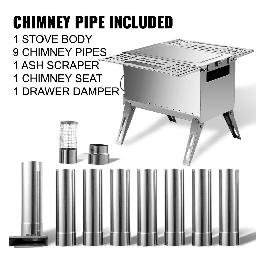 Compact Stainless Steel Wood Stove for Camping and Outdoor Heating with Folding Pipe and 90.6-inch Total Height