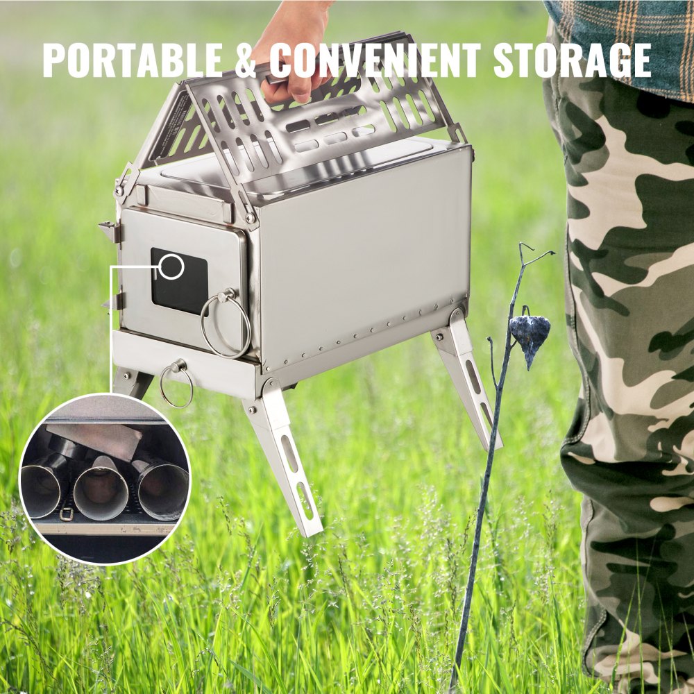 Compact Stainless Steel Wood Stove for Camping and Outdoor Heating with Folding Pipe and 90.6-inch Total Height
