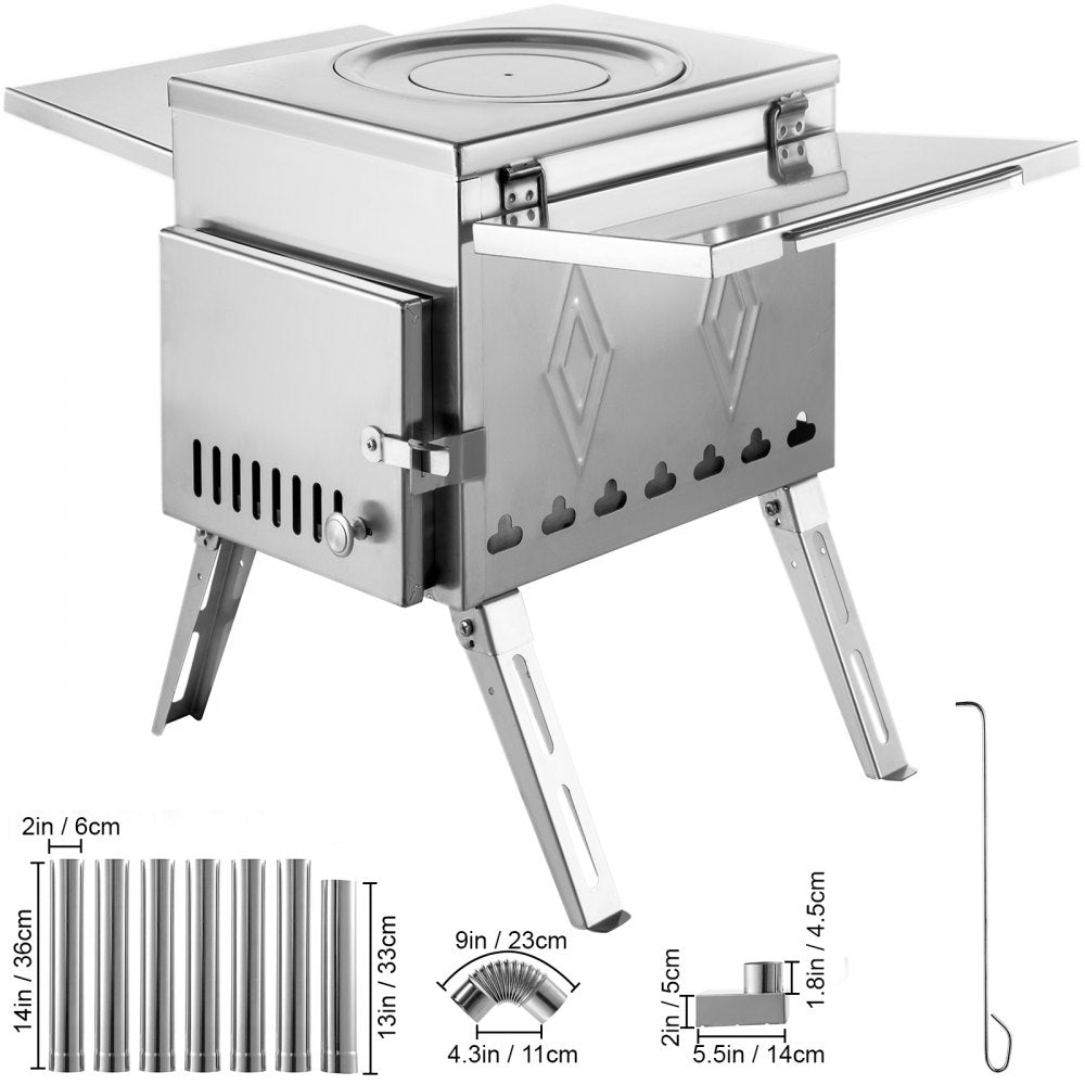 Portable Stainless Steel Tent and Camping Wood Stove with Folding Pipe - 18.1x15x27.2 inches, 113 inches Total Height for Heating, Hunting, and Outdoor Cooking