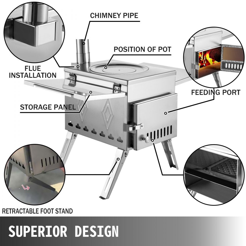 Portable Stainless Steel Tent and Camping Wood Stove with Folding Pipe - 18.1x15x27.2 inches, 113 inches Total Height for Heating, Hunting, and Outdoor Cooking