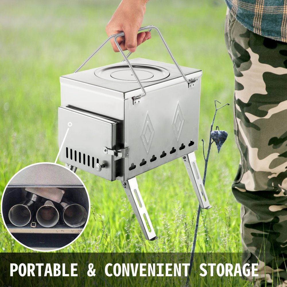 Portable Stainless Steel Tent and Camping Wood Stove with Folding Pipe - 18.1x15x27.2 inches, 113 inches Total Height for Heating, Hunting, and Outdoor Cooking