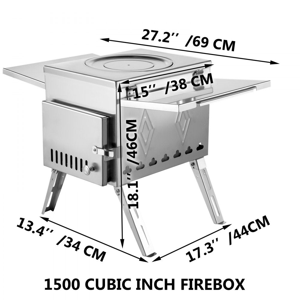 Portable Stainless Steel Tent and Camping Wood Stove with Folding Pipe - 18.1x15x27.2 inches, 113 inches Total Height for Heating, Hunting, and Outdoor Cooking
