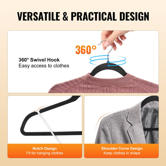 50 Pack Black Velvet Hangers - Non-Slip, 11lbs Load, Ultra-Thin 0.2in, 360° Swivel Hook, Space-Saving for Coats, Sweaters, Silk & Straps