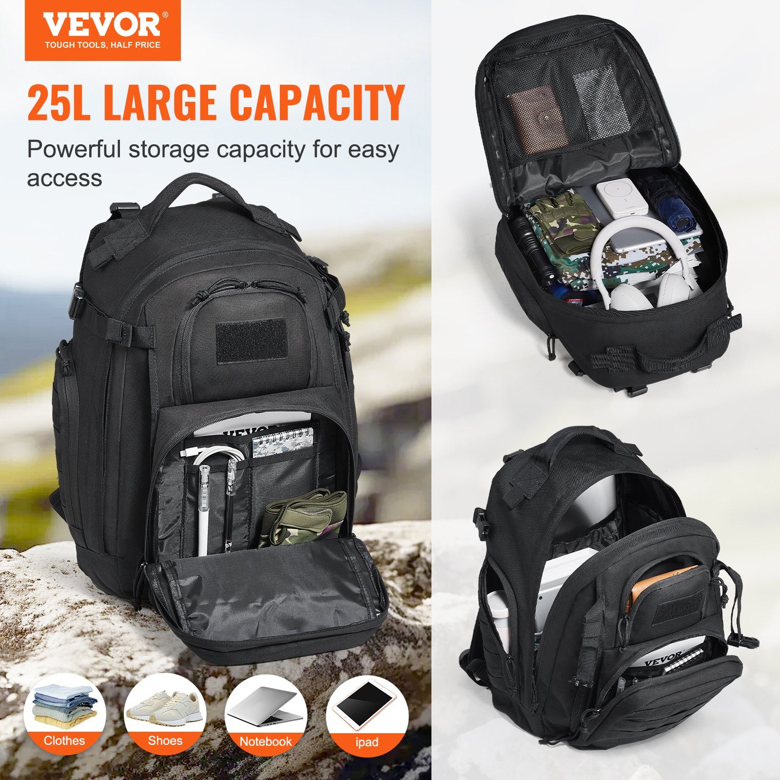Tactical Backpack 25L, Military Molle Assault Pack with Sponge Padding, Versatile Gear Bag for Outdoor Adventure, Hiking, Hunting – Black, Lightweight, Durable, Breathable Design, Ideal for Men & Women