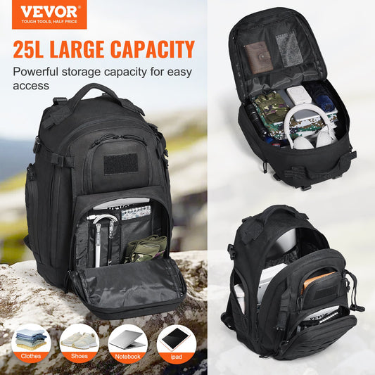 Tactical Backpack 25L, Military Molle Assault Pack with Sponge Padding, Versatile Gear Bag for Outdoor Adventure, Hiking, Hunting – Black, Lightweight, Durable, Breathable Design, Ideal for Men & Women