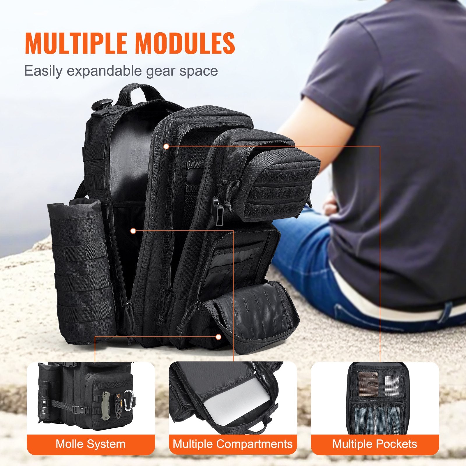 25L Black Tactical Backpack with MOLLE System, 3 Compartments for Hiking, Hunting, Outdoor Adventures, Versatile Military Assault Pack for Men and Women