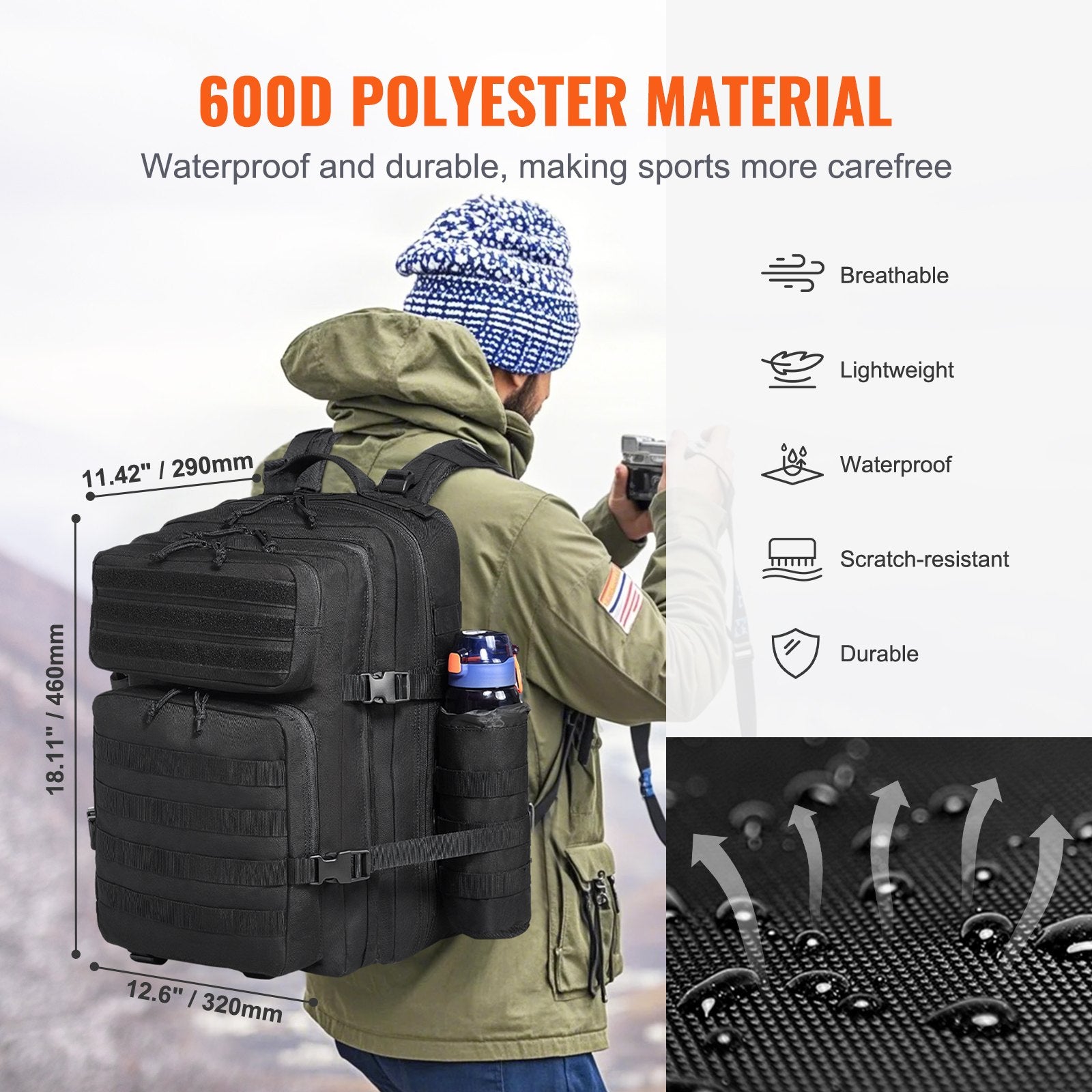Tactical 45L Military Backpack with Molle System, Versatile 3-Compartment Assault Pack for Outdoor Adventure, Hiking, Hunting, Black