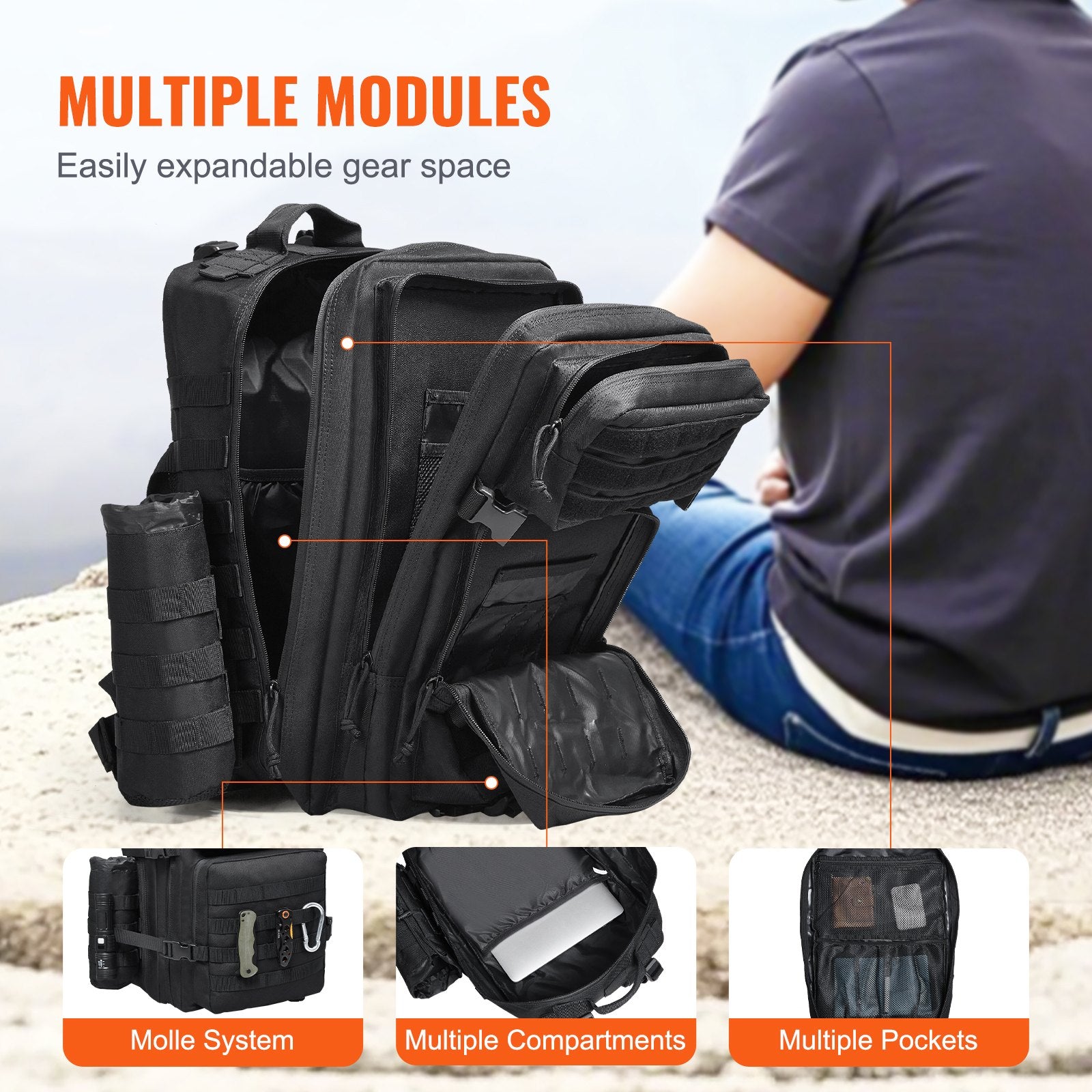 Tactical 45L Military Backpack with Molle System, Versatile 3-Compartment Assault Pack for Outdoor Adventure, Hiking, Hunting, Black