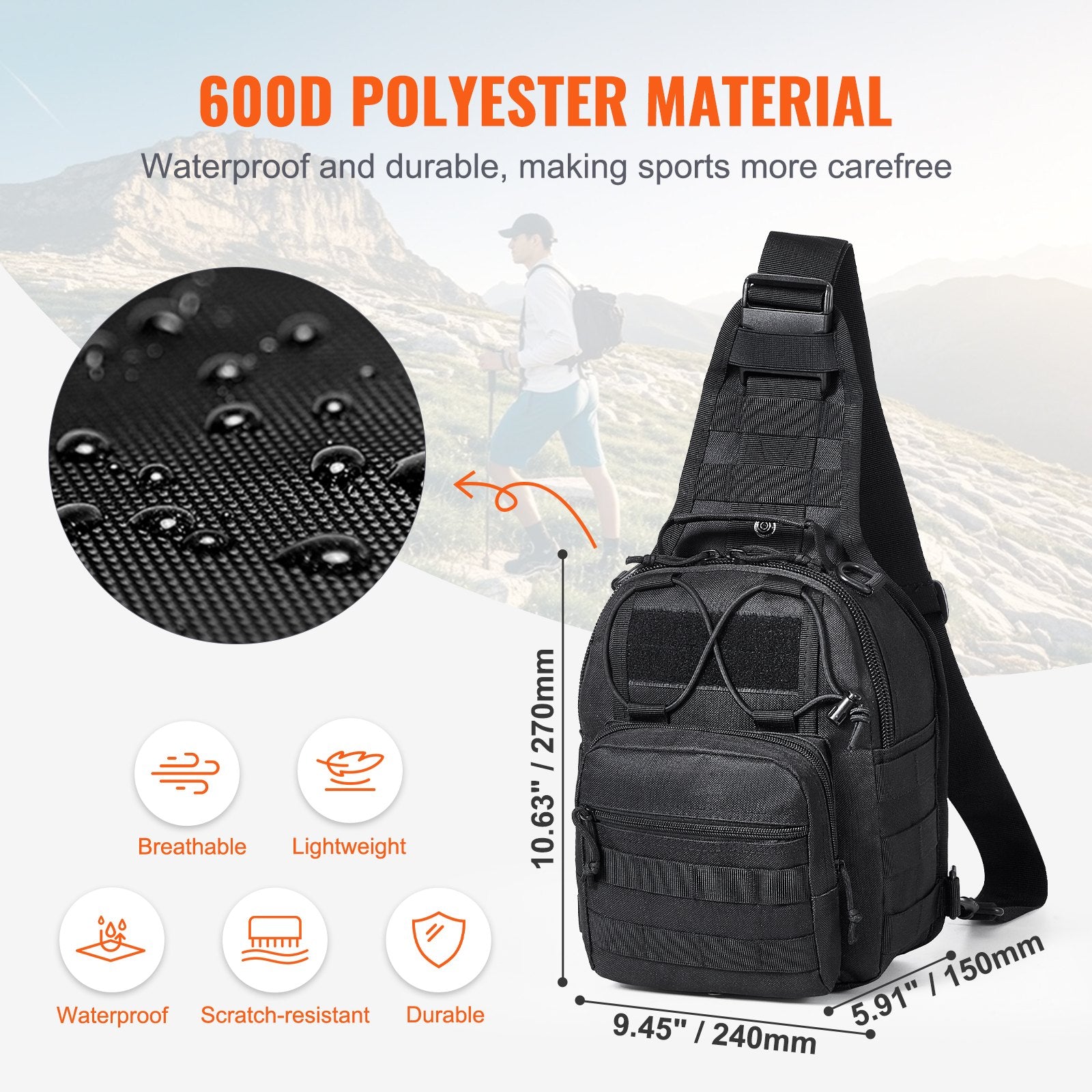 10L Military Tactical Sling Bag with MOLLE, Multi-Pocket Shoulder Backpack for Camping, Hiking, EDC - Lightweight, Durable, Black 600D Polyester