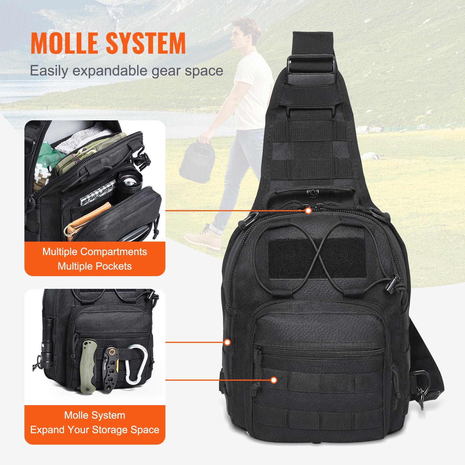 10L Military Tactical Sling Bag with MOLLE, Multi-Pocket Shoulder Backpack for Camping, Hiking, EDC - Lightweight, Durable, Black 600D Polyester